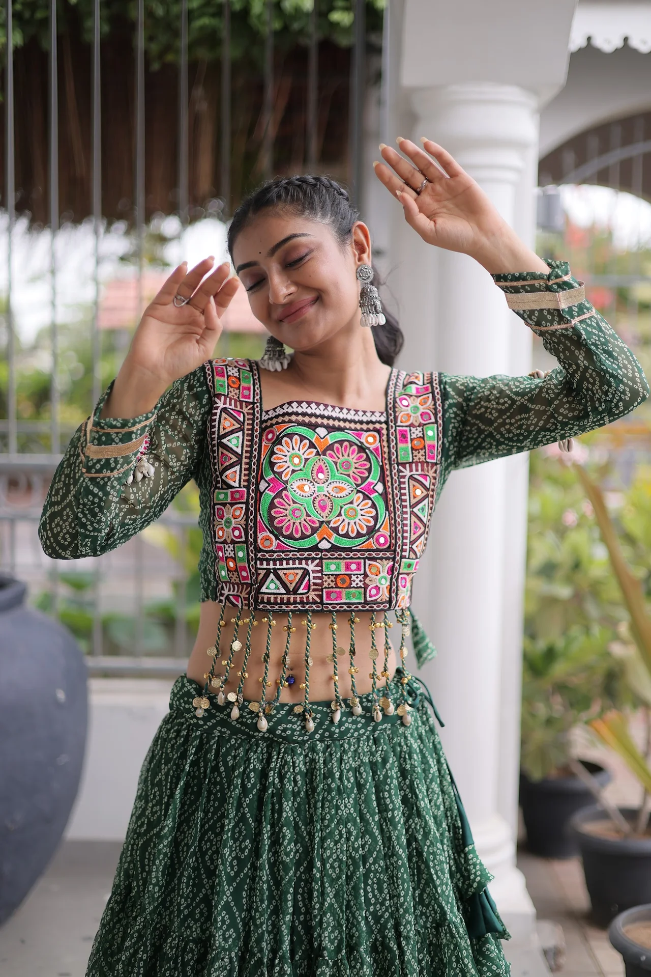Women's Faux Georgette Lehenga Choli with Stitched Blouse in Bottle Green — photo 4 of 8