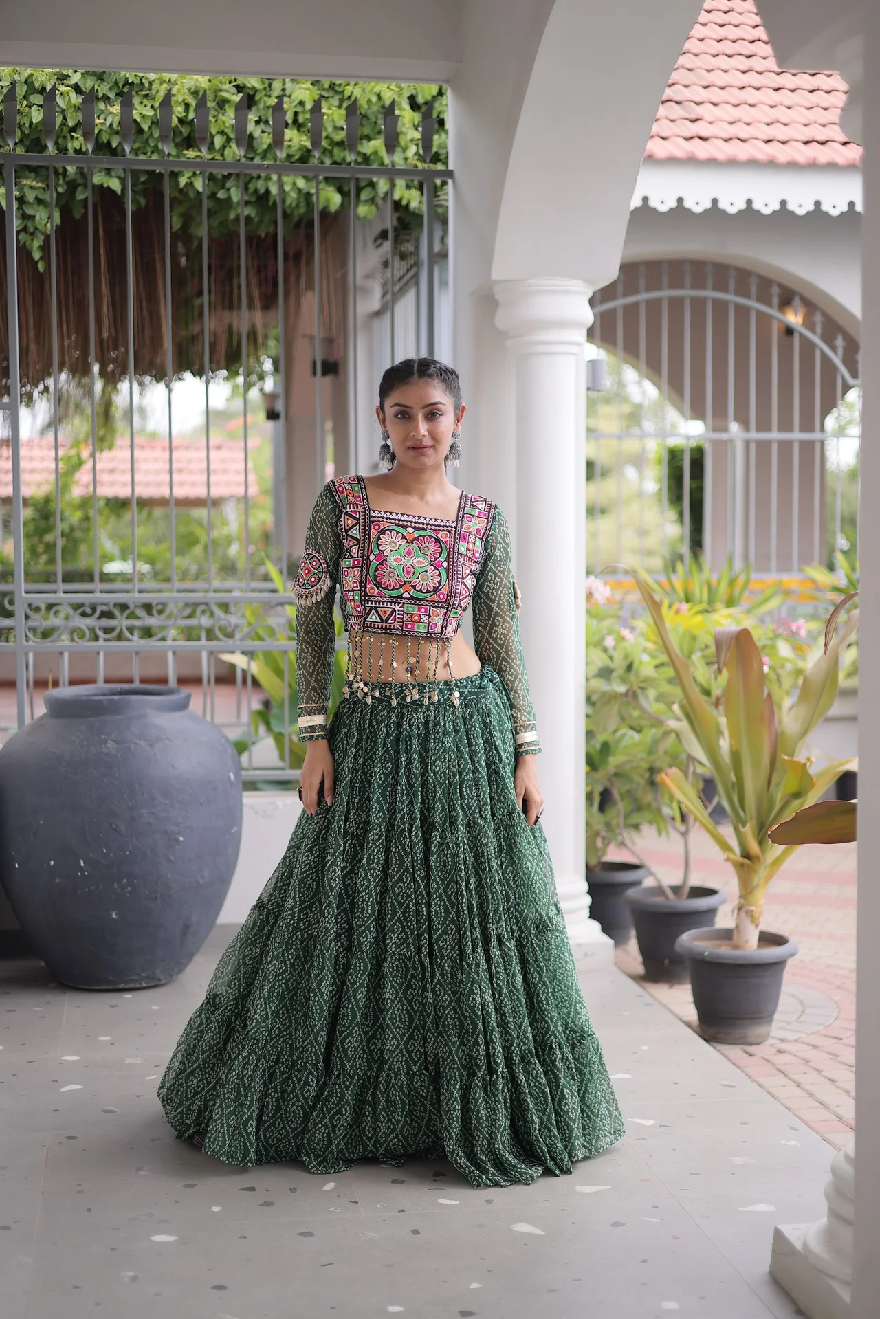 Women's Faux Georgette Lehenga Choli with Stitched Blouse in Bottle Green — photo 5 of 8