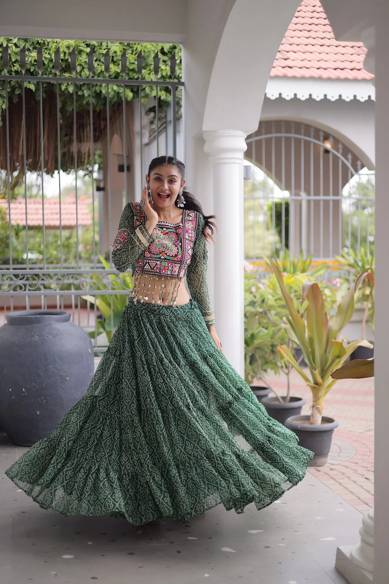 Women's Faux Georgette Lehenga Choli with Stitched Blouse in Bottle Green — photo 6 of 8