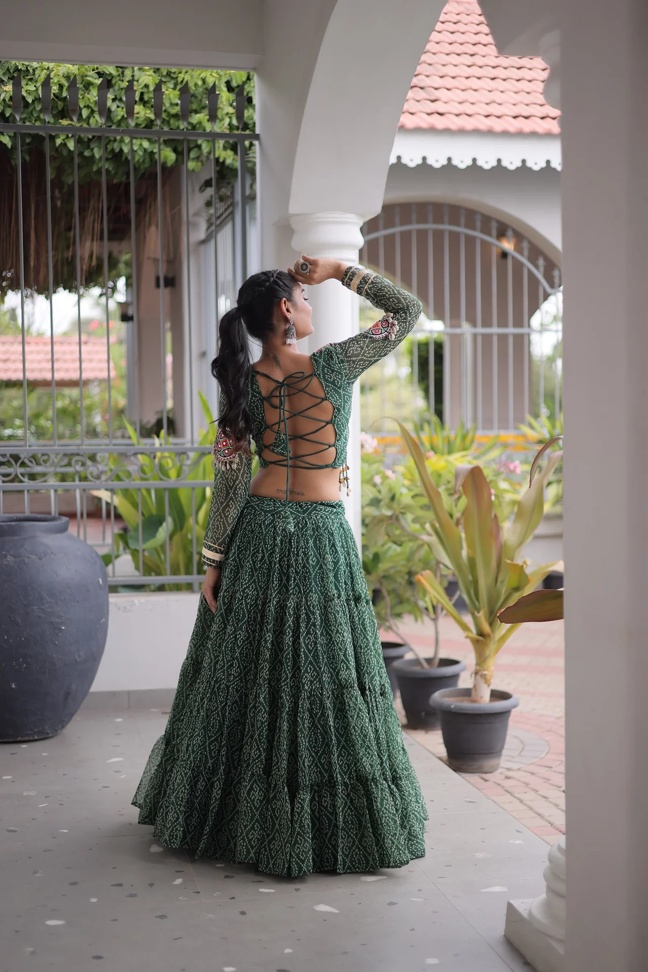 Women's Faux Georgette Lehenga Choli with Stitched Blouse in Bottle Green — photo 7 of 8