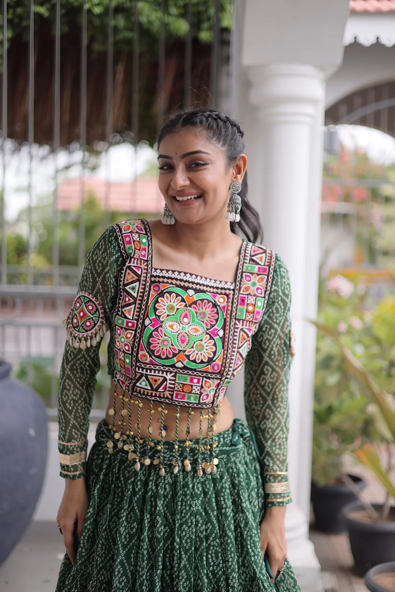 Women's Faux Georgette Lehenga Choli with Stitched Blouse in Bottle Green — photo 8 of 8