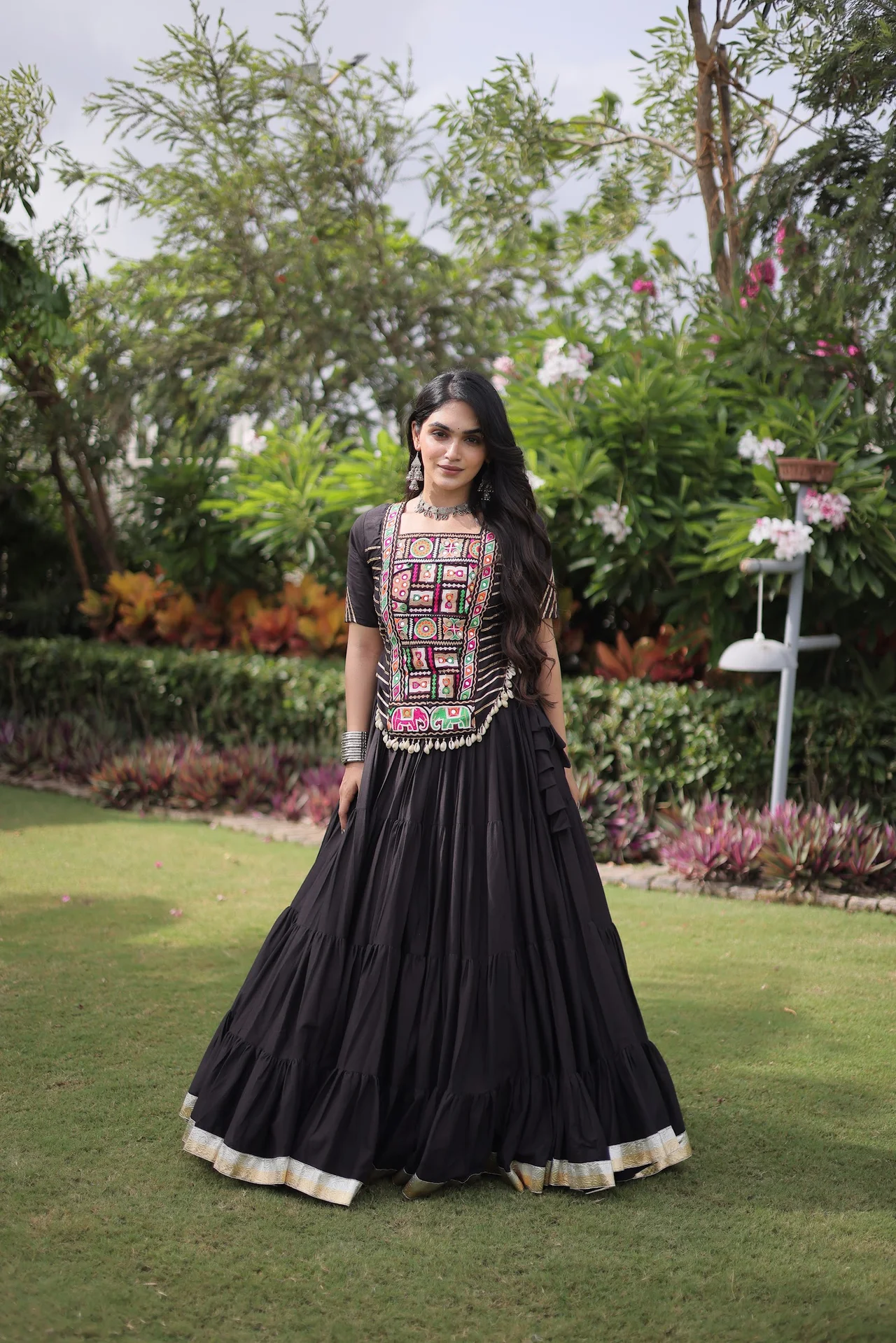 Women's Kora Cotton Lehenga Choli with Stitched Blouse in Black — photo 2 of 7