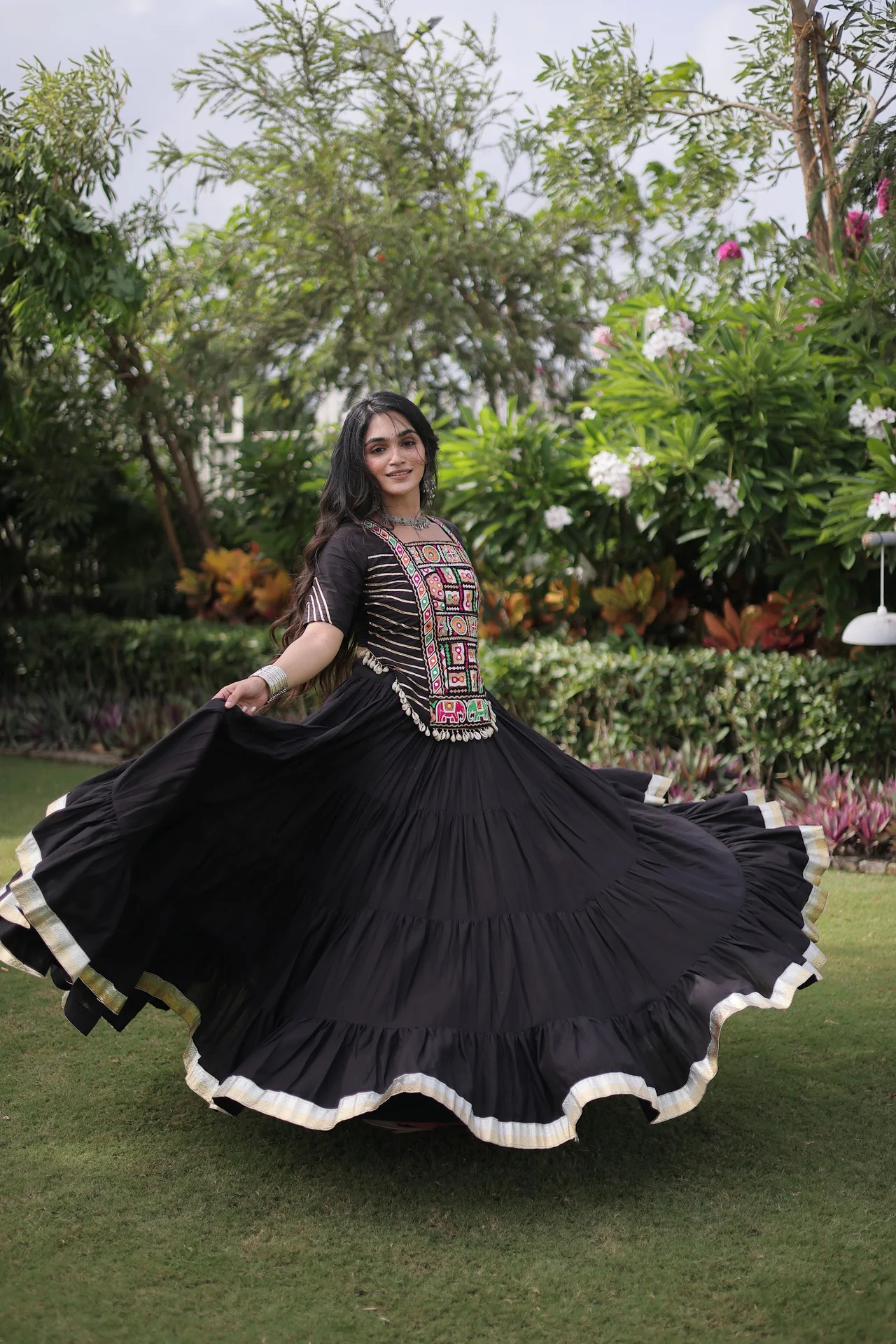 Women's Kora Cotton Lehenga Choli with Stitched Blouse in Black — photo 3 of 7