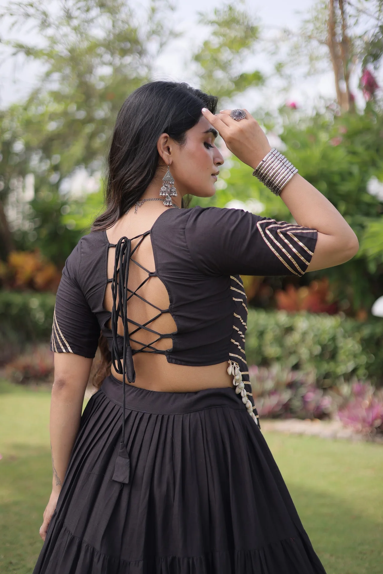 Women's Kora Cotton Lehenga Choli with Stitched Blouse in Black — photo 5 of 7