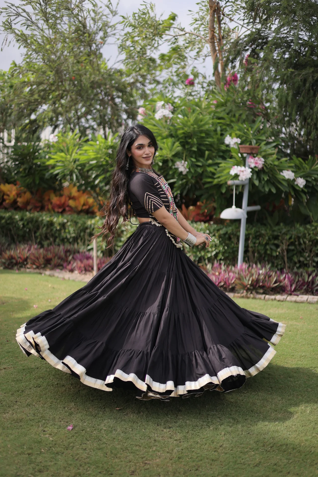 Women's Kora Cotton Lehenga Choli with Stitched Blouse in Black — photo 6 of 7