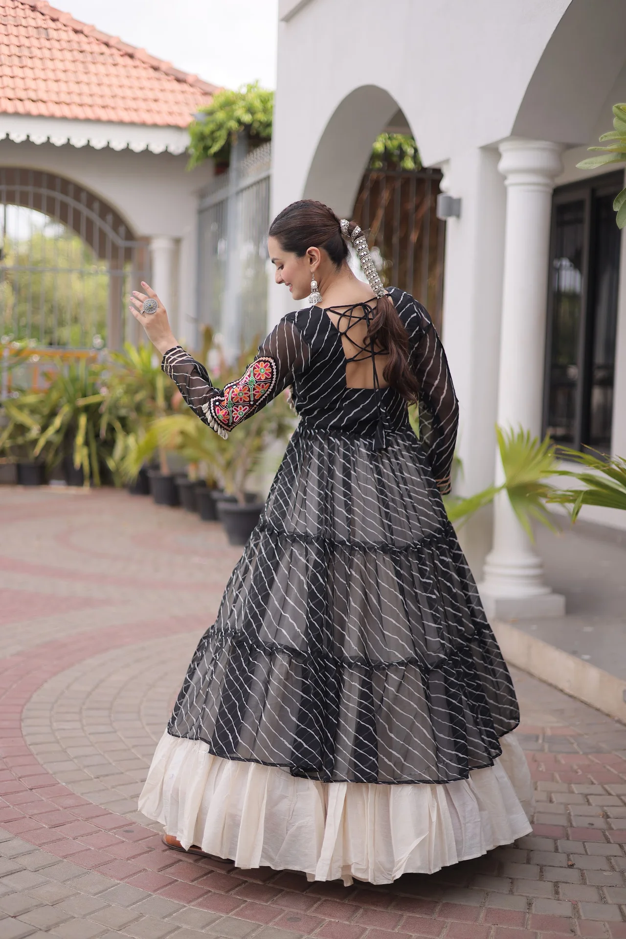 Women's Kora Cotton Lehenga Choli with Long Jacket Kurti in Black — photo 2 of 6
