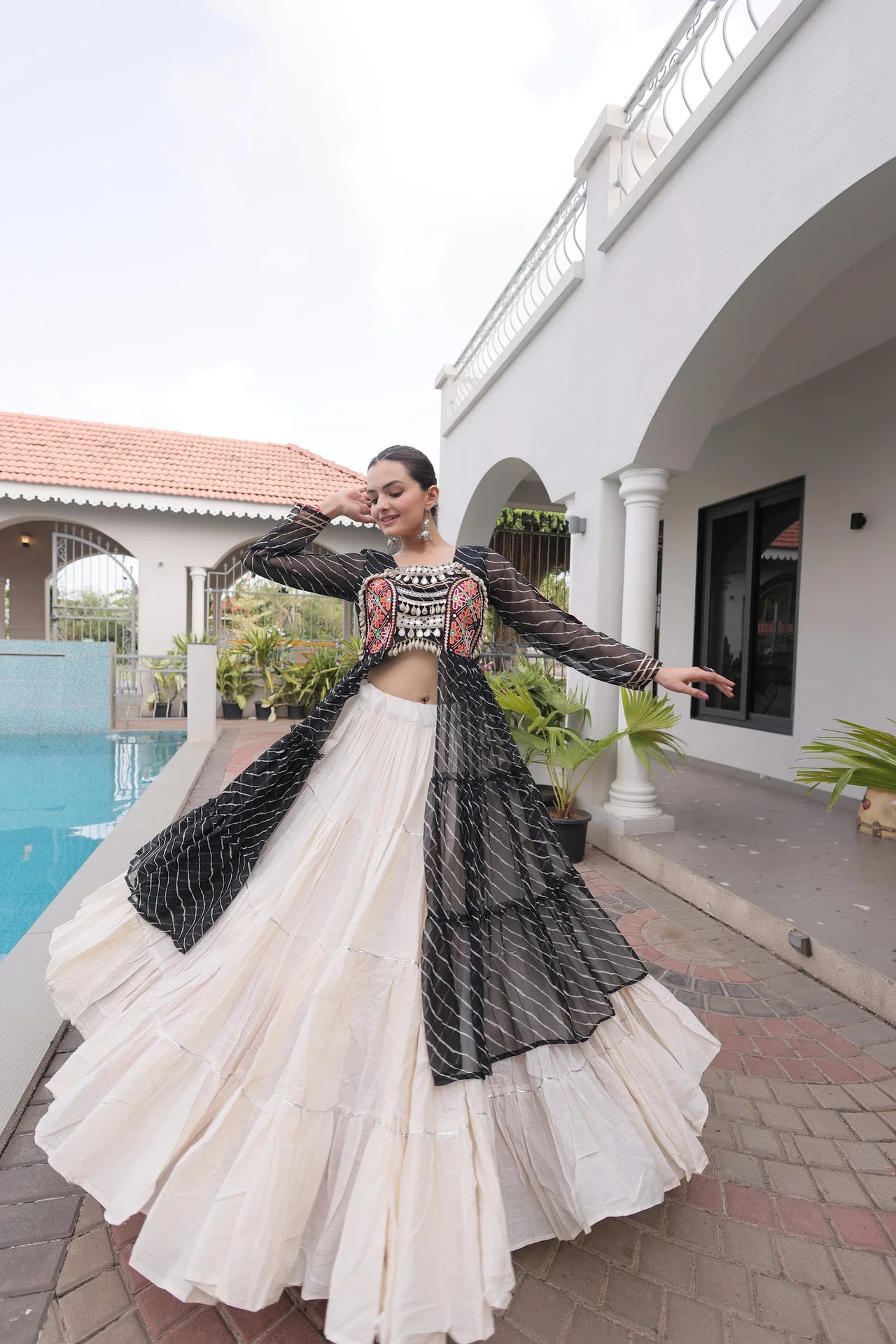 Women's Kora Cotton Lehenga Choli with Long Jacket Kurti in Black — photo 3 of 6