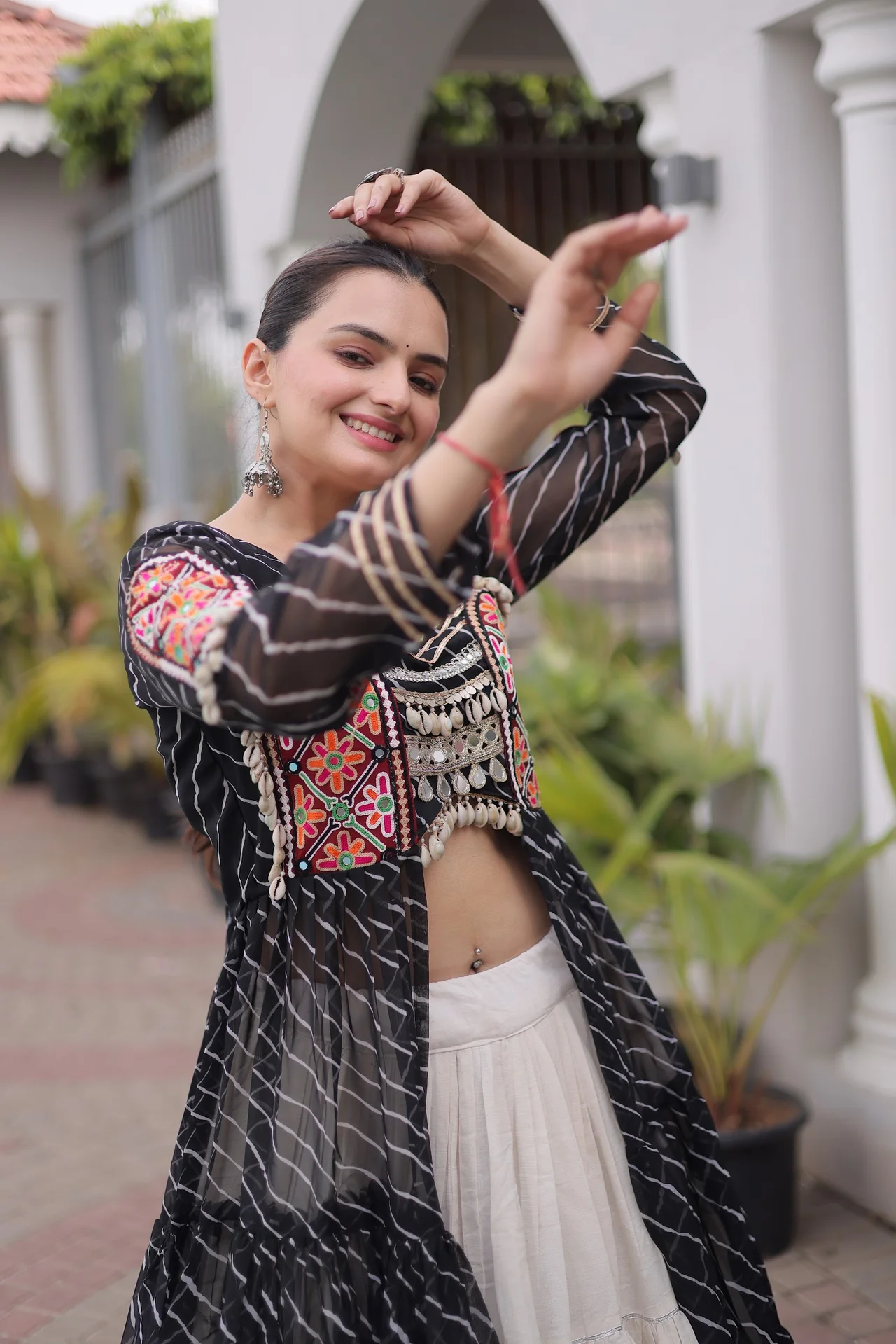 Women's Kora Cotton Lehenga Choli with Long Jacket Kurti in Black — photo 5 of 6