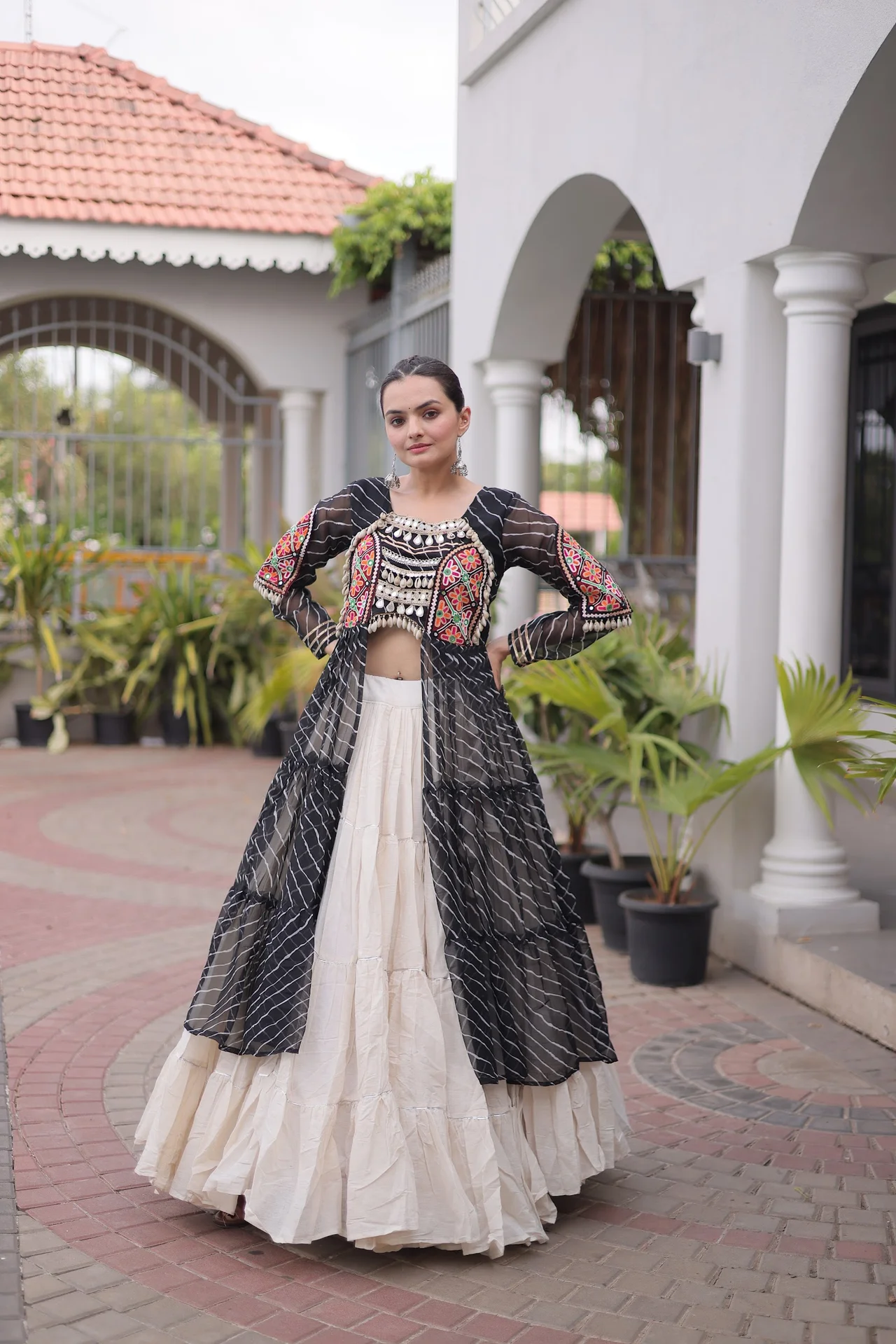 Women's Kora Cotton Lehenga Choli with Long Jacket Kurti in Black — photo 6 of 6