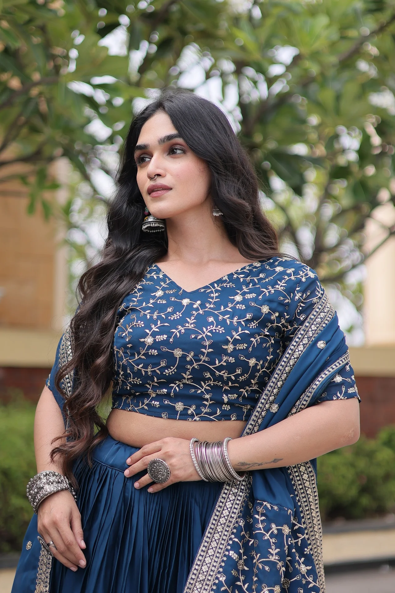 Women's Glory Satin Lehenga Choli with Dupatta in Navy — photo 2 of 7