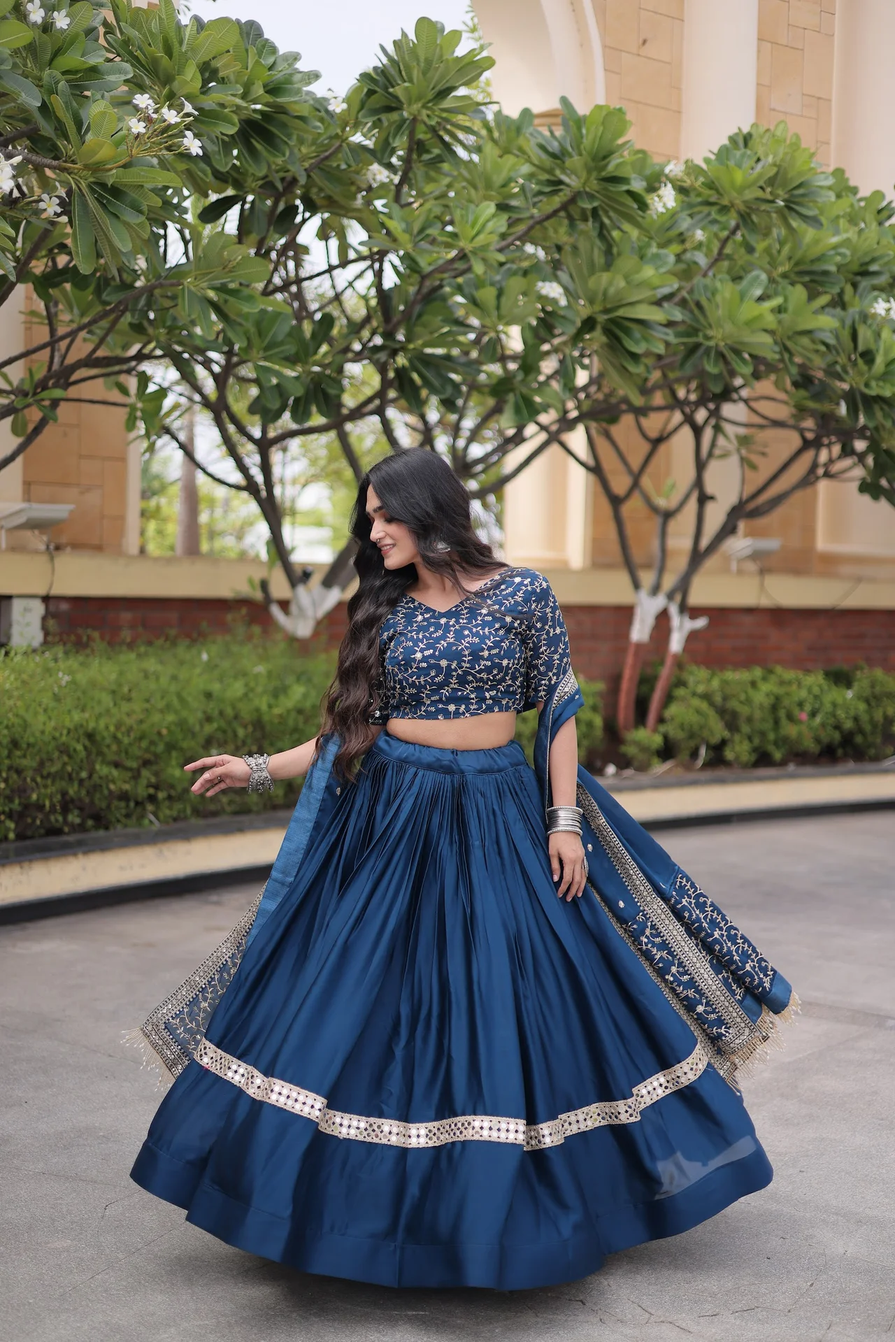 Women's Glory Satin Lehenga Choli with Dupatta in Navy — photo 4 of 7
