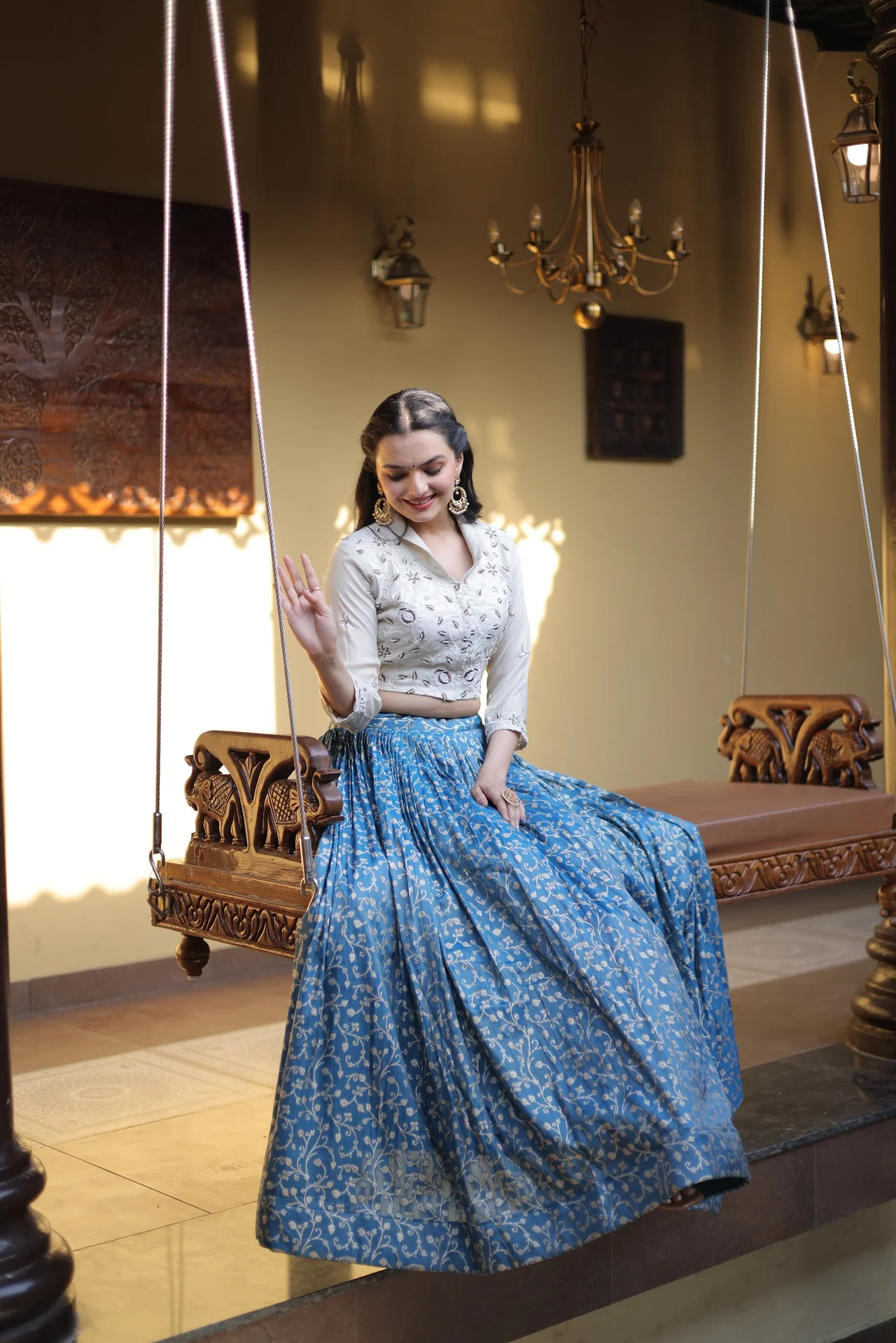 Women's Cosmos Jacquard Lehenga Choli with Stitched Blouse in Teal — photo 2 of 5