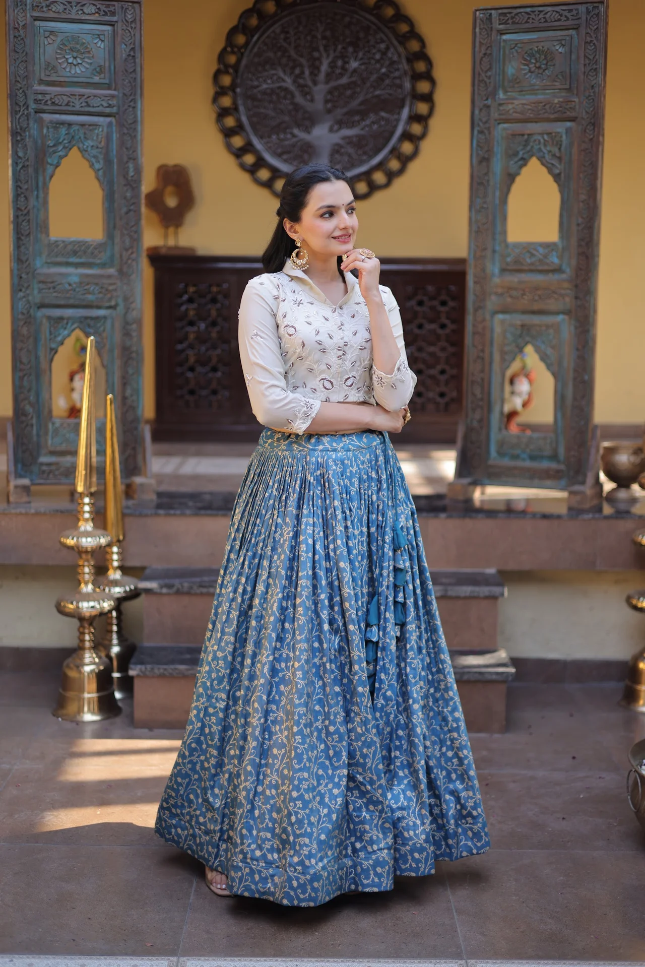 Women's Cosmos Jacquard Lehenga Choli with Stitched Blouse in Teal — photo 3 of 5