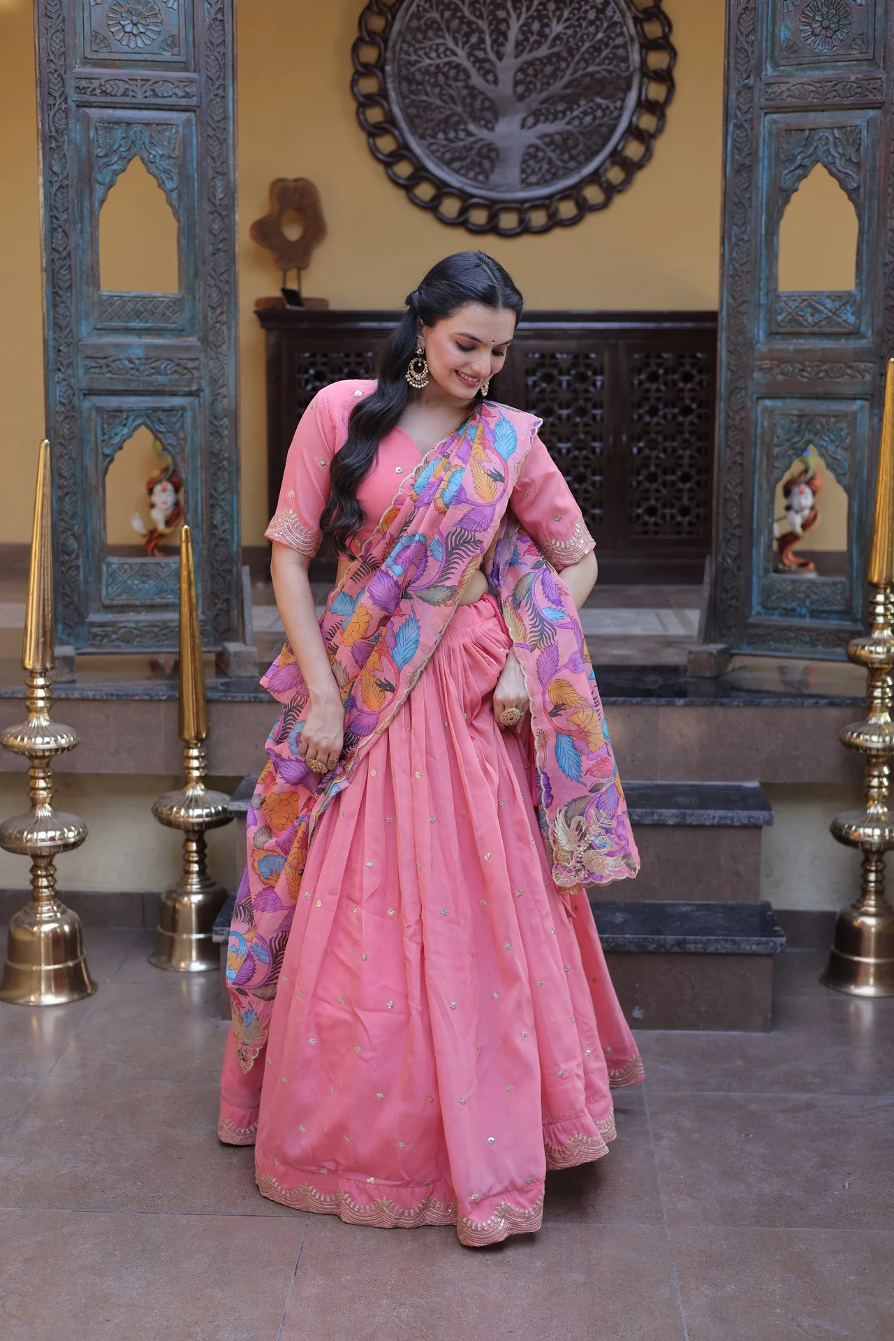 Women's Cosmos Silk Lehenga Choli with Printed Dupatta in Pink — photo 6 of 7