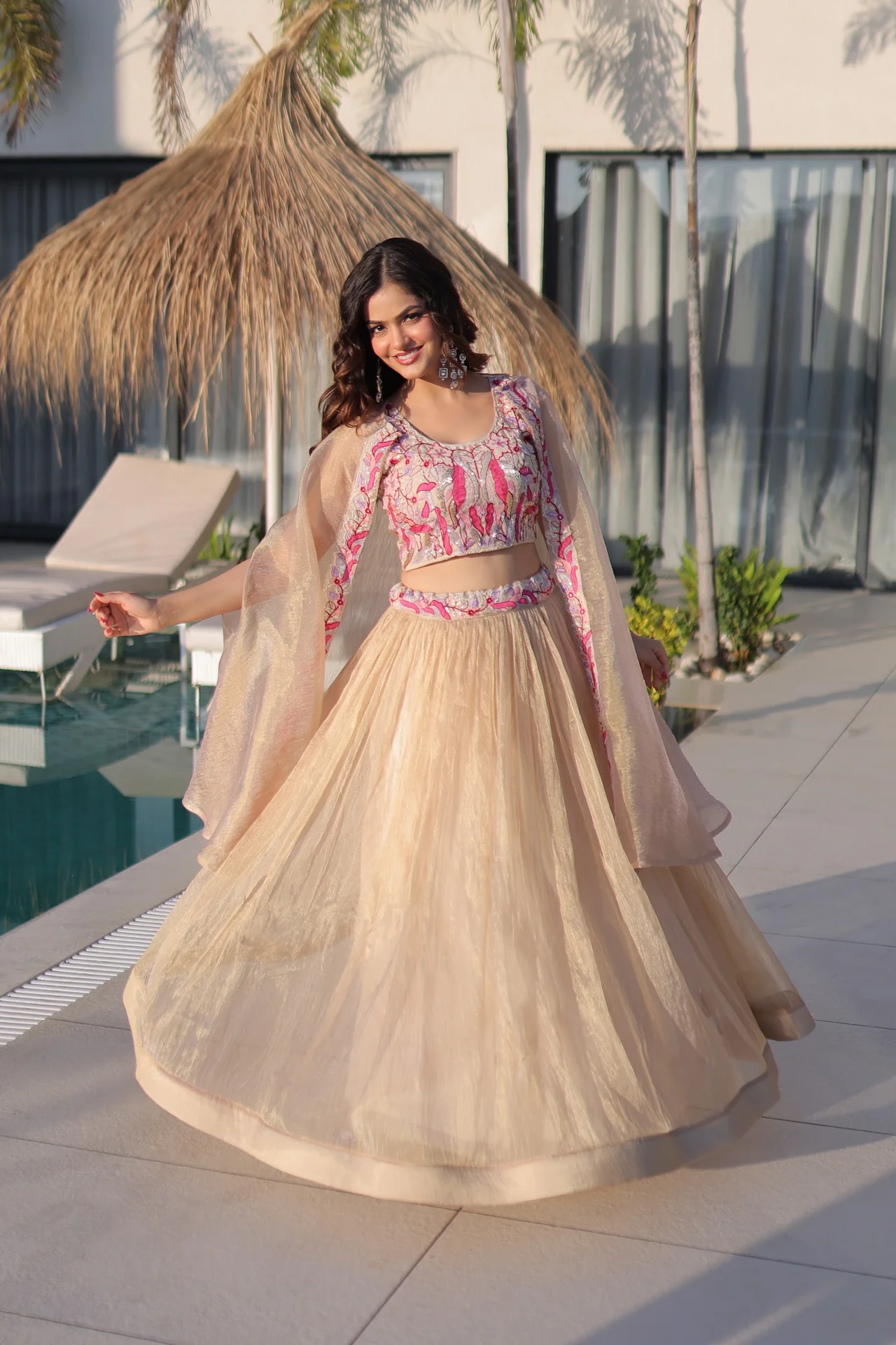 Women's Sindur Silk Lehenga Choli with Shrug in Beige — photo 2 of 7