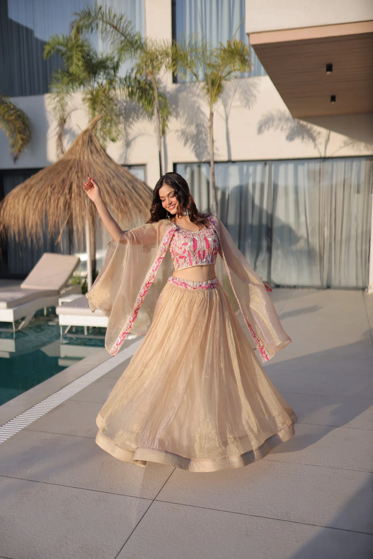 Women's Sindur Silk Lehenga Choli with Shrug in Beige — photo 6 of 7