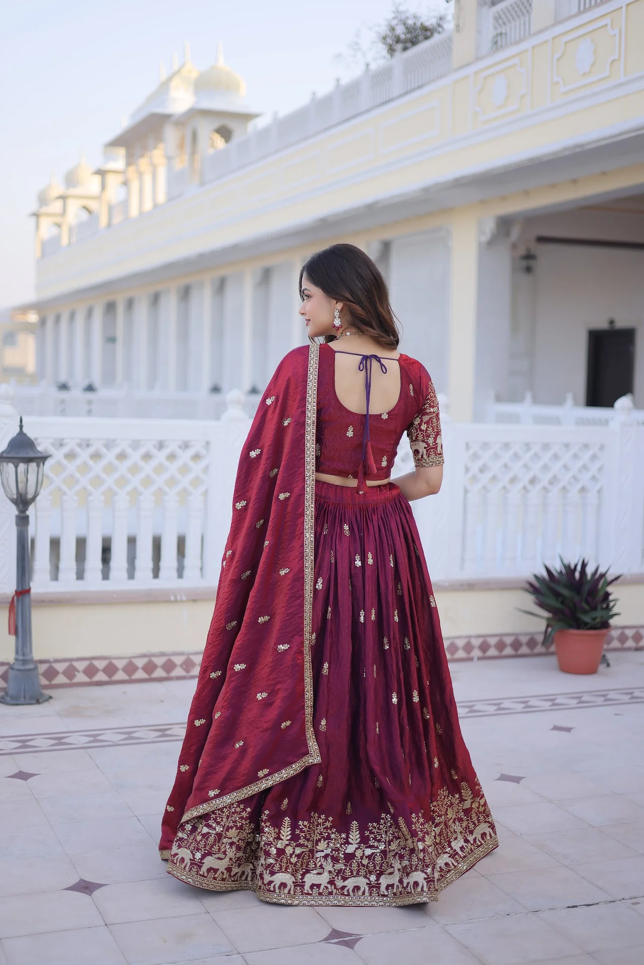 Women's Fendi Silk Lehenga Choli with Dupatta in Maroon — photo 2 of 7