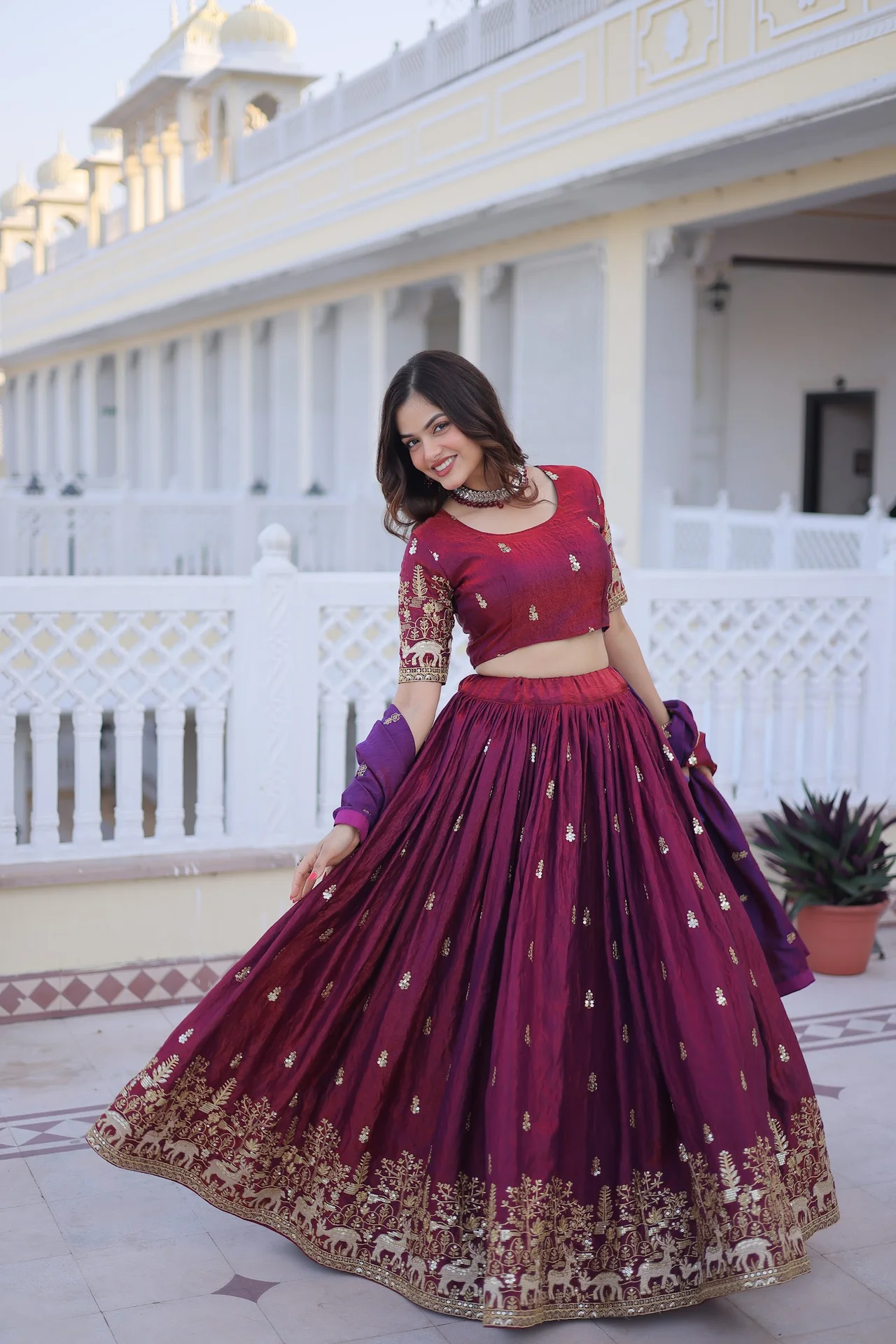 Women's Fendi Silk Lehenga Choli with Dupatta in Maroon — photo 3 of 7