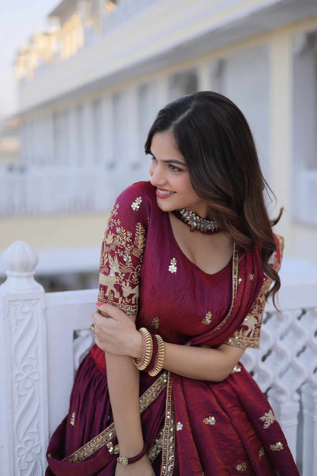 Women's Fendi Silk Lehenga Choli with Dupatta in Maroon — photo 4 of 7