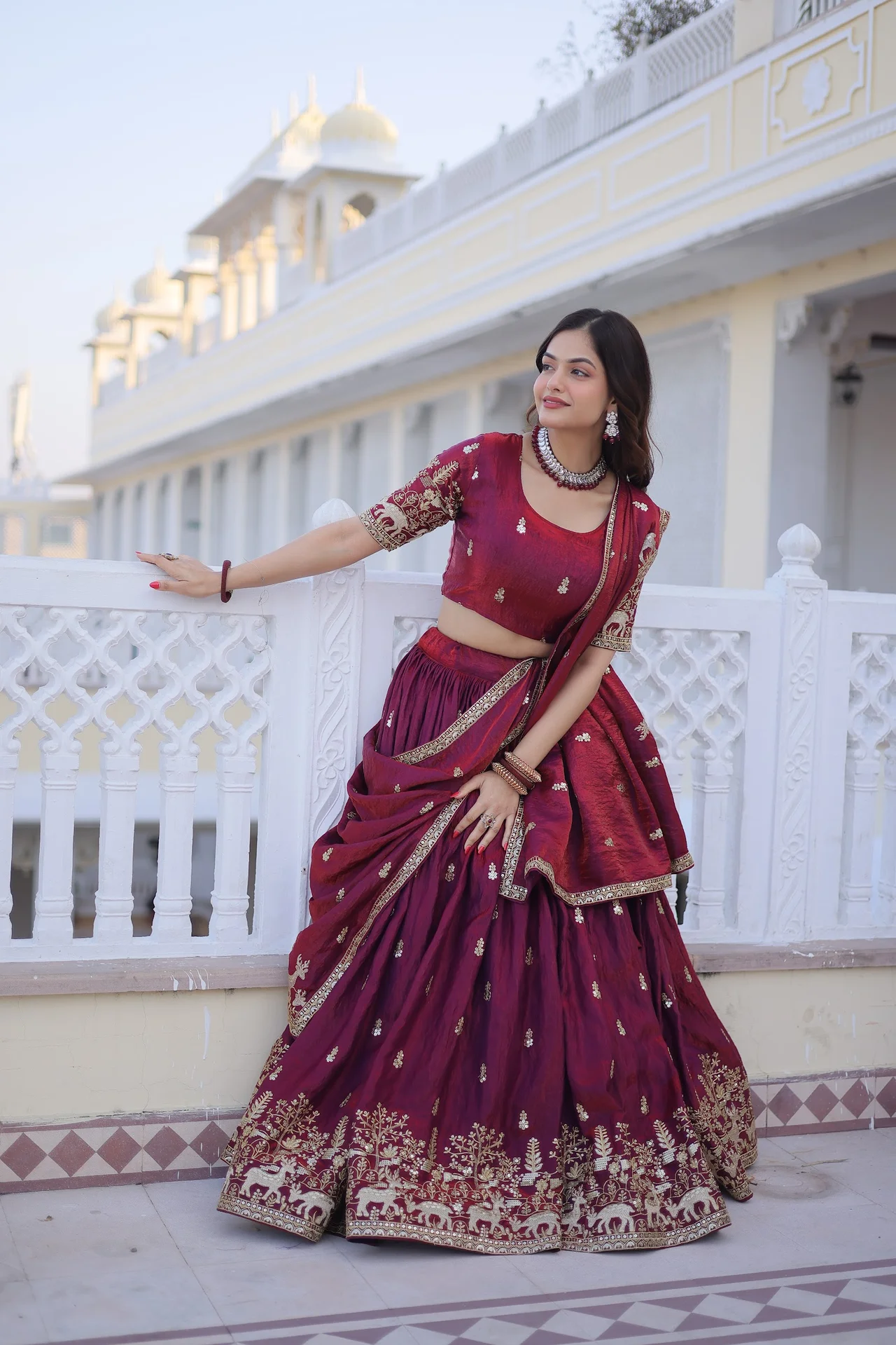 Women's Fendi Silk Lehenga Choli with Dupatta in Maroon — photo 5 of 7