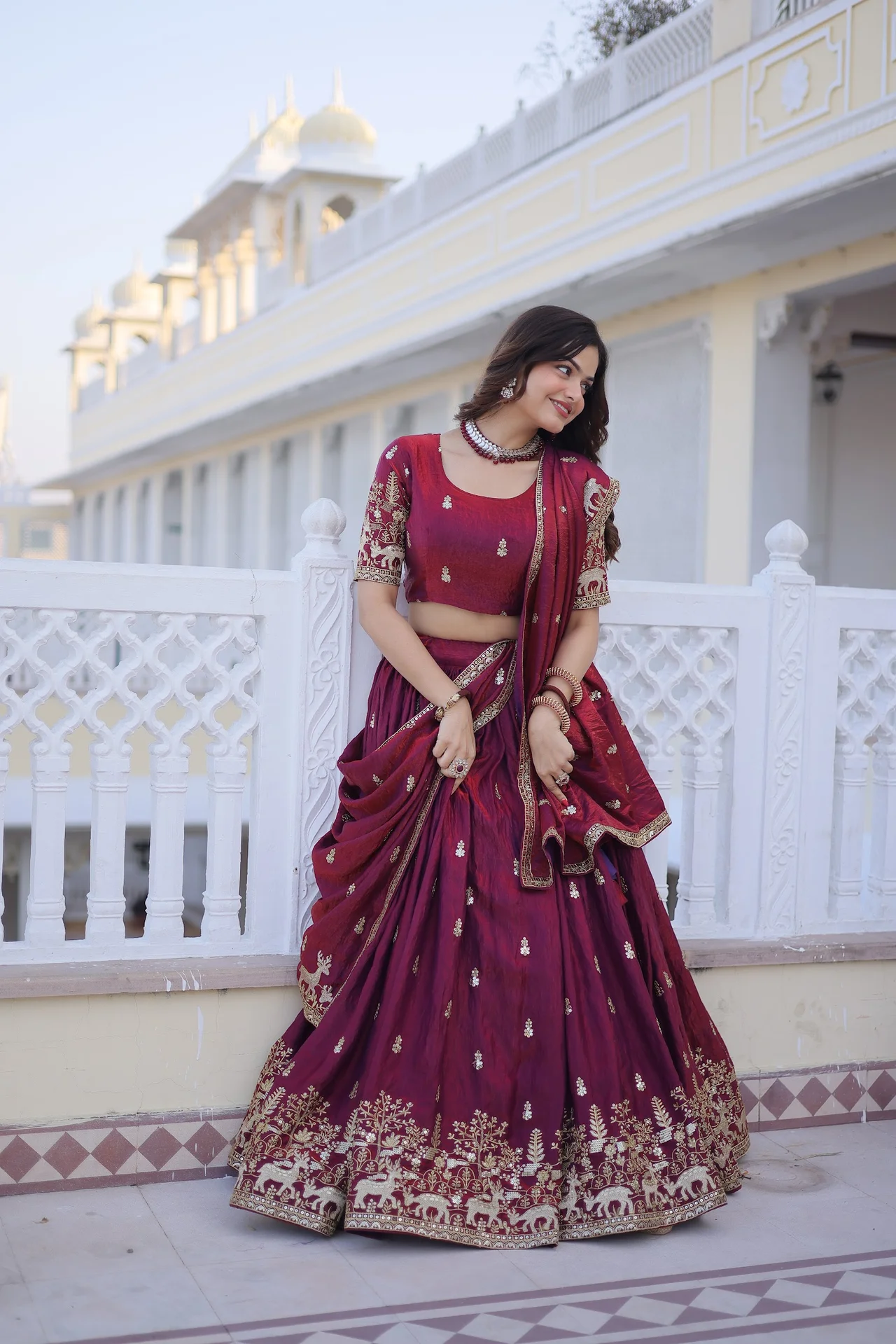 Women's Fendi Silk Lehenga Choli with Dupatta in Maroon — photo 6 of 7