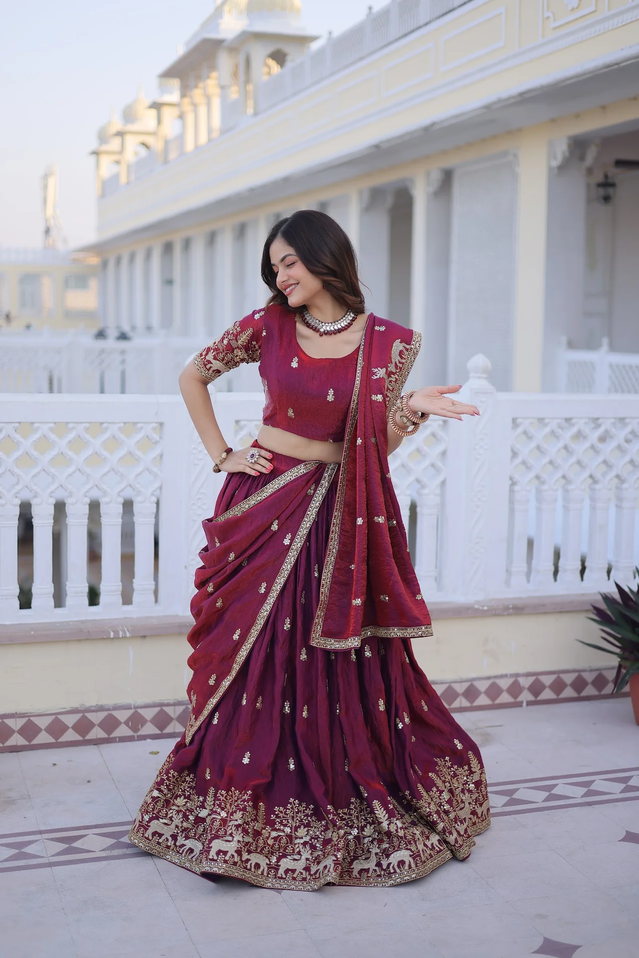 Women's Fendi Silk Lehenga Choli with Dupatta in Maroon — photo 7 of 7