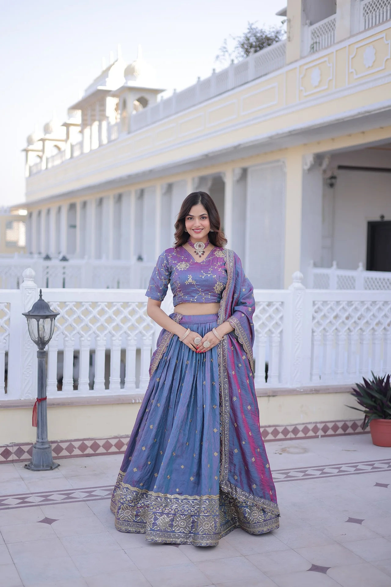 Women's Ysl Silk Lehenga Choli with Dupatta in Peacock Blue — photo 2 of 7