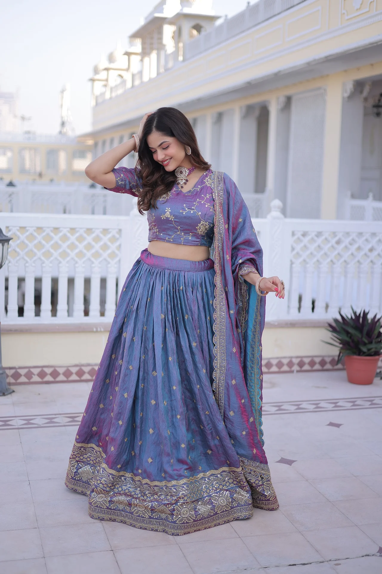 Women's Ysl Silk Lehenga Choli with Dupatta in Peacock Blue — photo 3 of 7