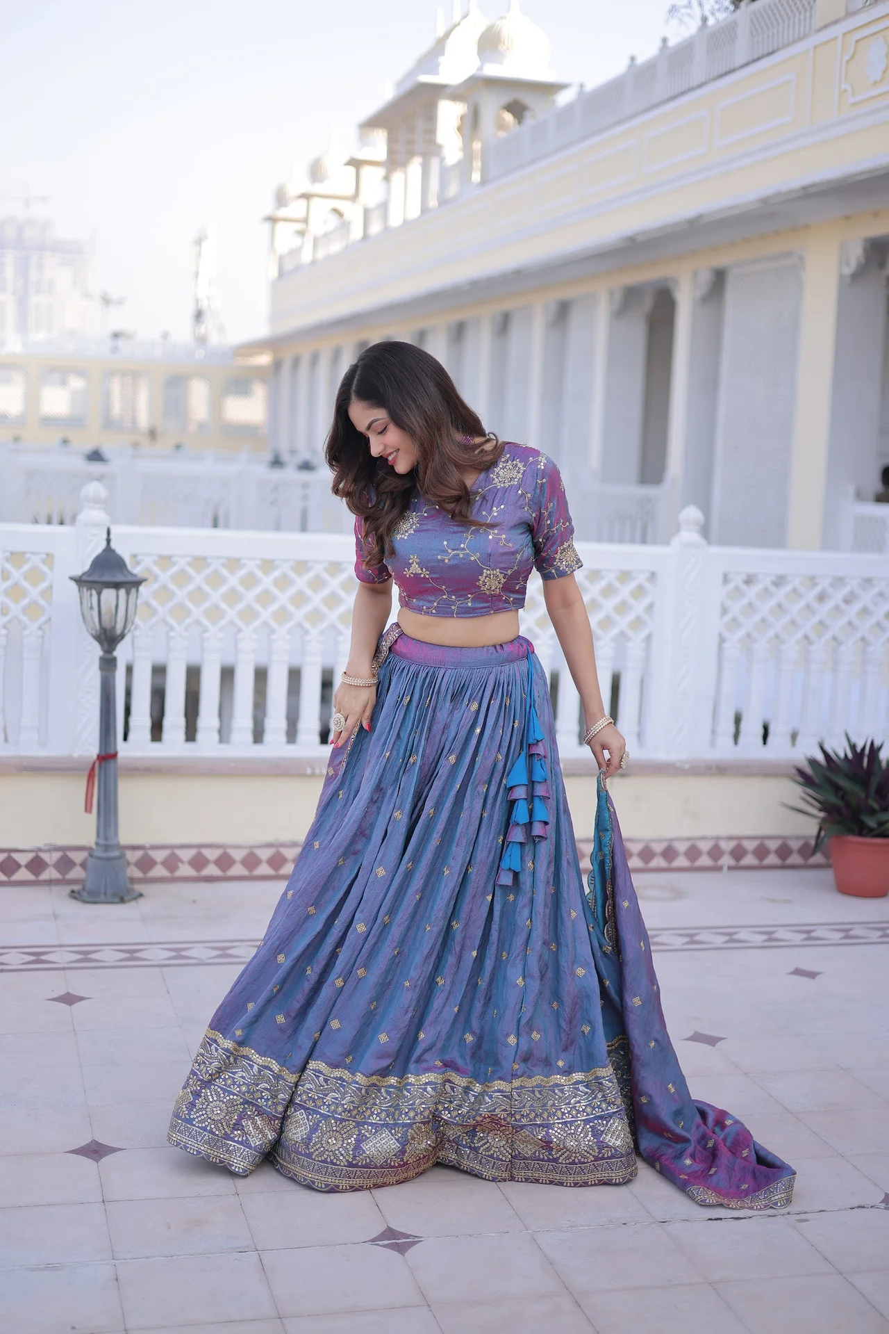 Women's Ysl Silk Lehenga Choli with Dupatta in Peacock Blue — photo 4 of 7