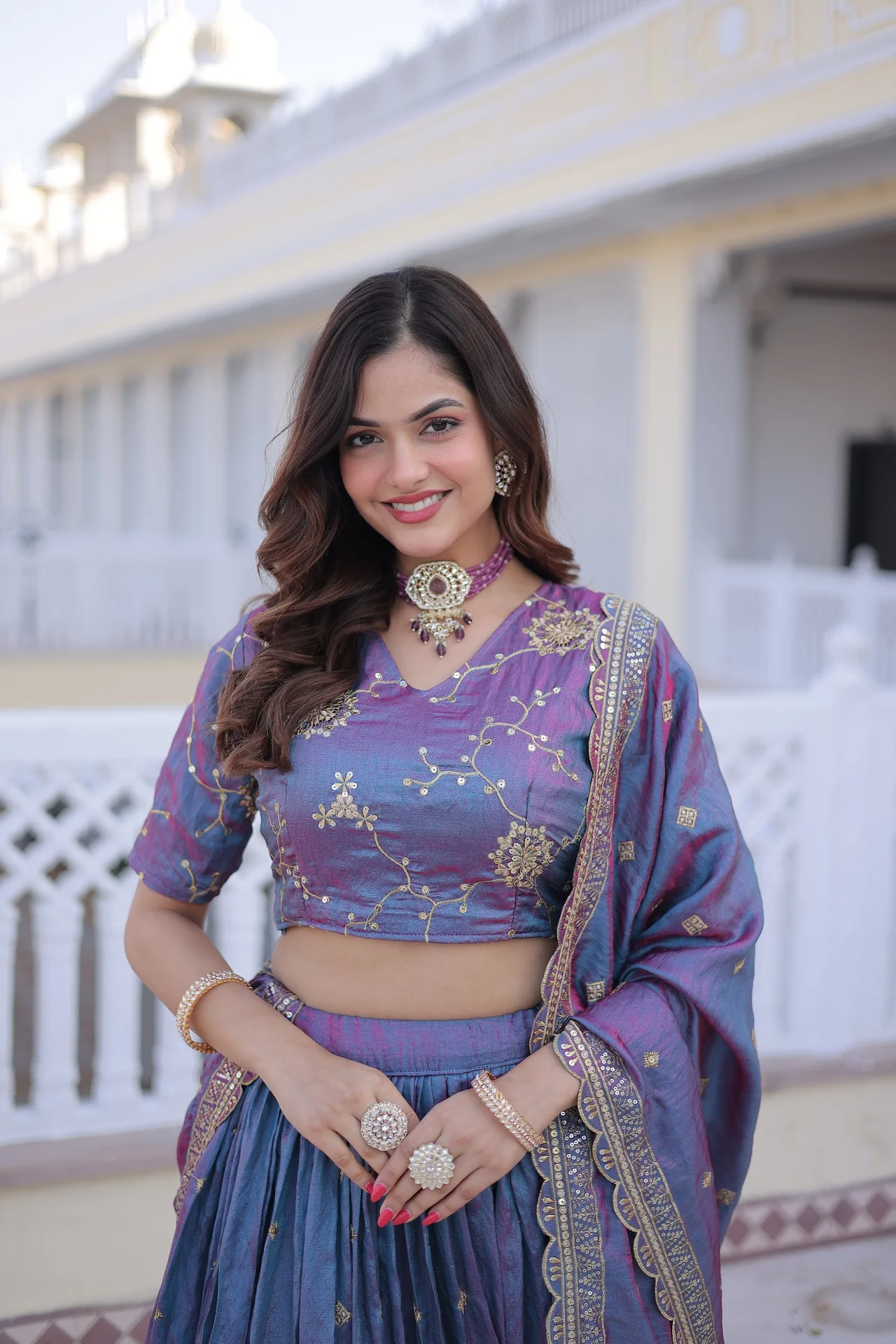 Women's Ysl Silk Lehenga Choli with Dupatta in Peacock Blue — photo 5 of 7