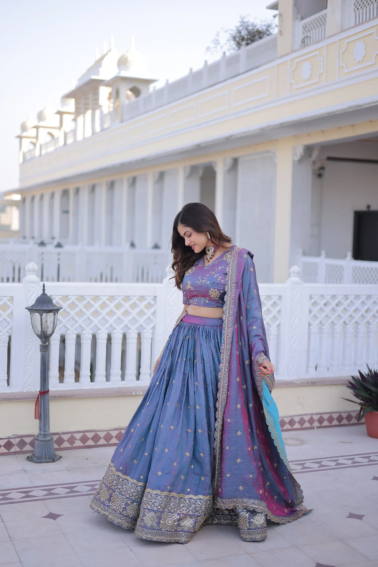 Women's Ysl Silk Lehenga Choli with Dupatta in Peacock Blue — photo 6 of 7