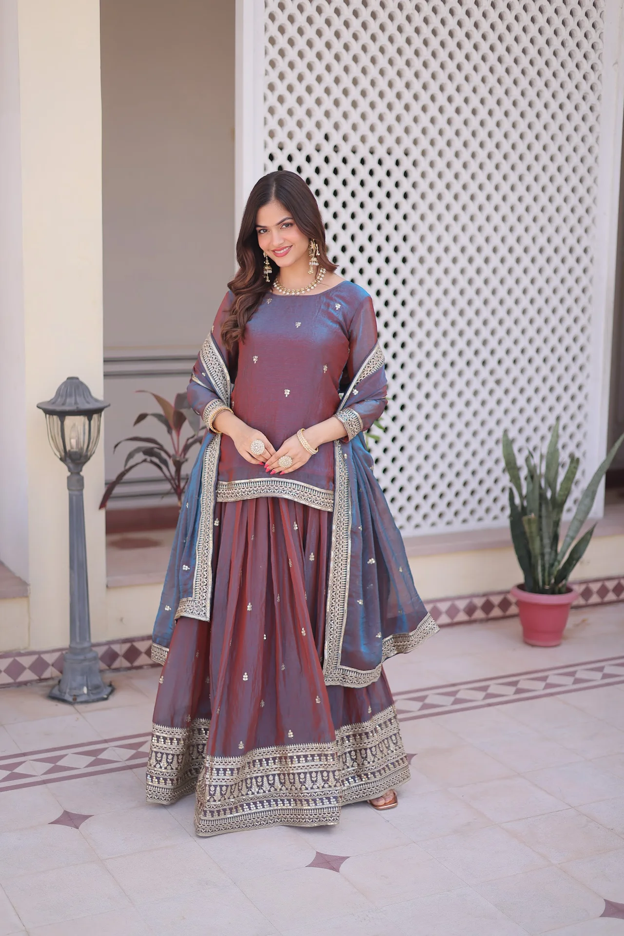 Women's Fendi Chiffon Readymade Lehenga Choli with Dupatta in Plum — photo 3 of 8