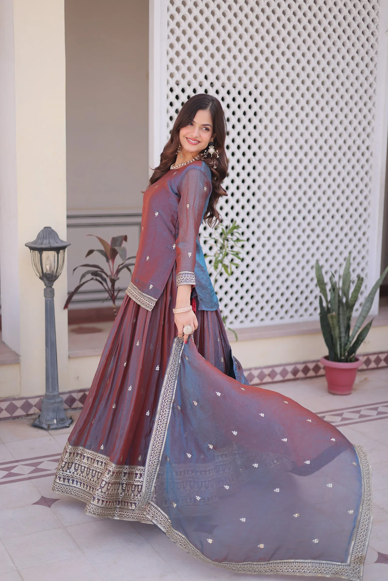 Women's Fendi Chiffon Readymade Lehenga Choli with Dupatta in Plum — photo 4 of 8