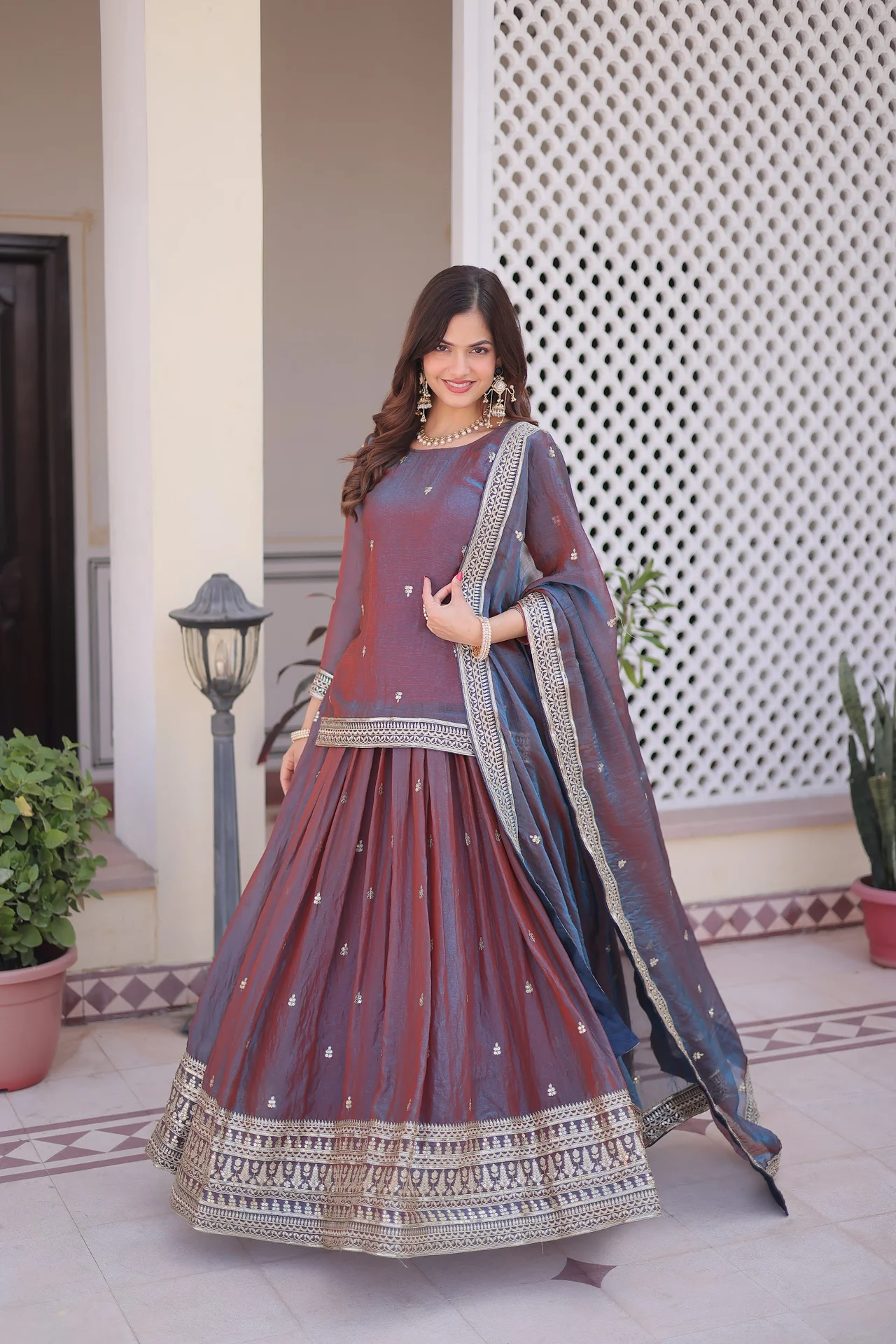 Women's Fendi Chiffon Readymade Lehenga Choli with Dupatta in Plum — photo 5 of 8