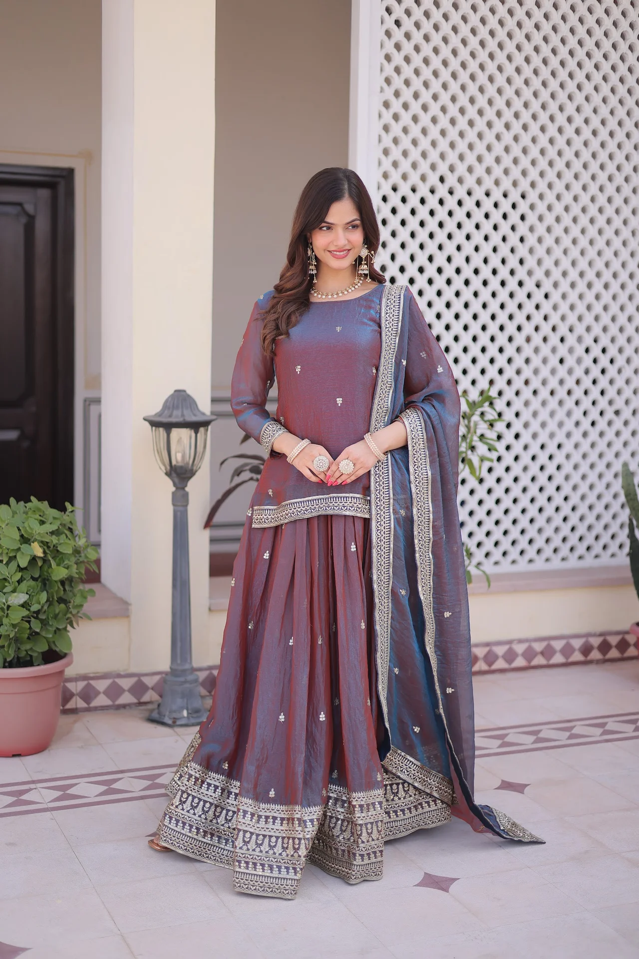 Women's Fendi Chiffon Readymade Lehenga Choli with Dupatta in Plum — photo 6 of 8