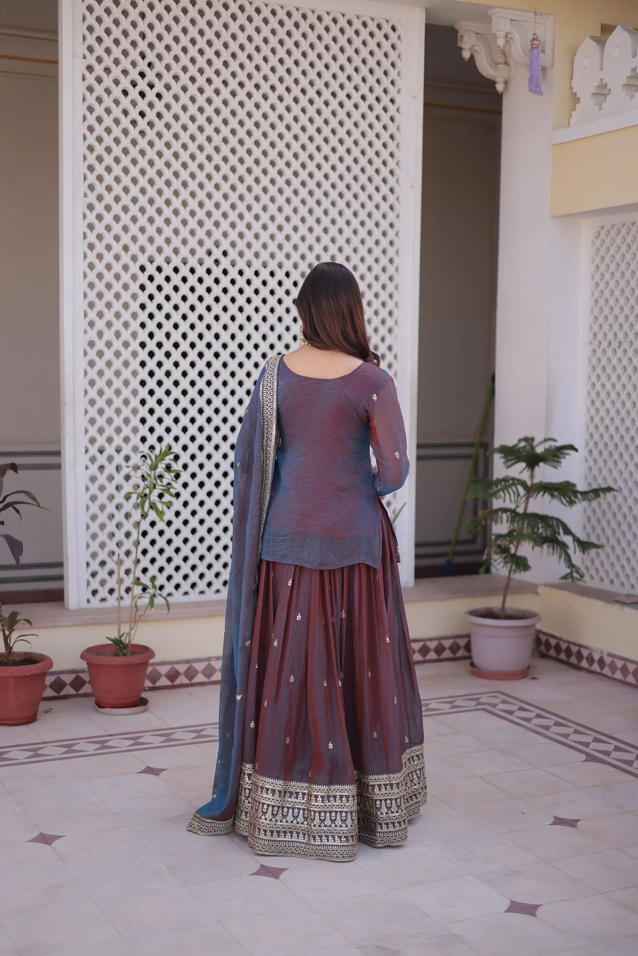Women's Fendi Chiffon Readymade Lehenga Choli with Dupatta in Plum — photo 7 of 8