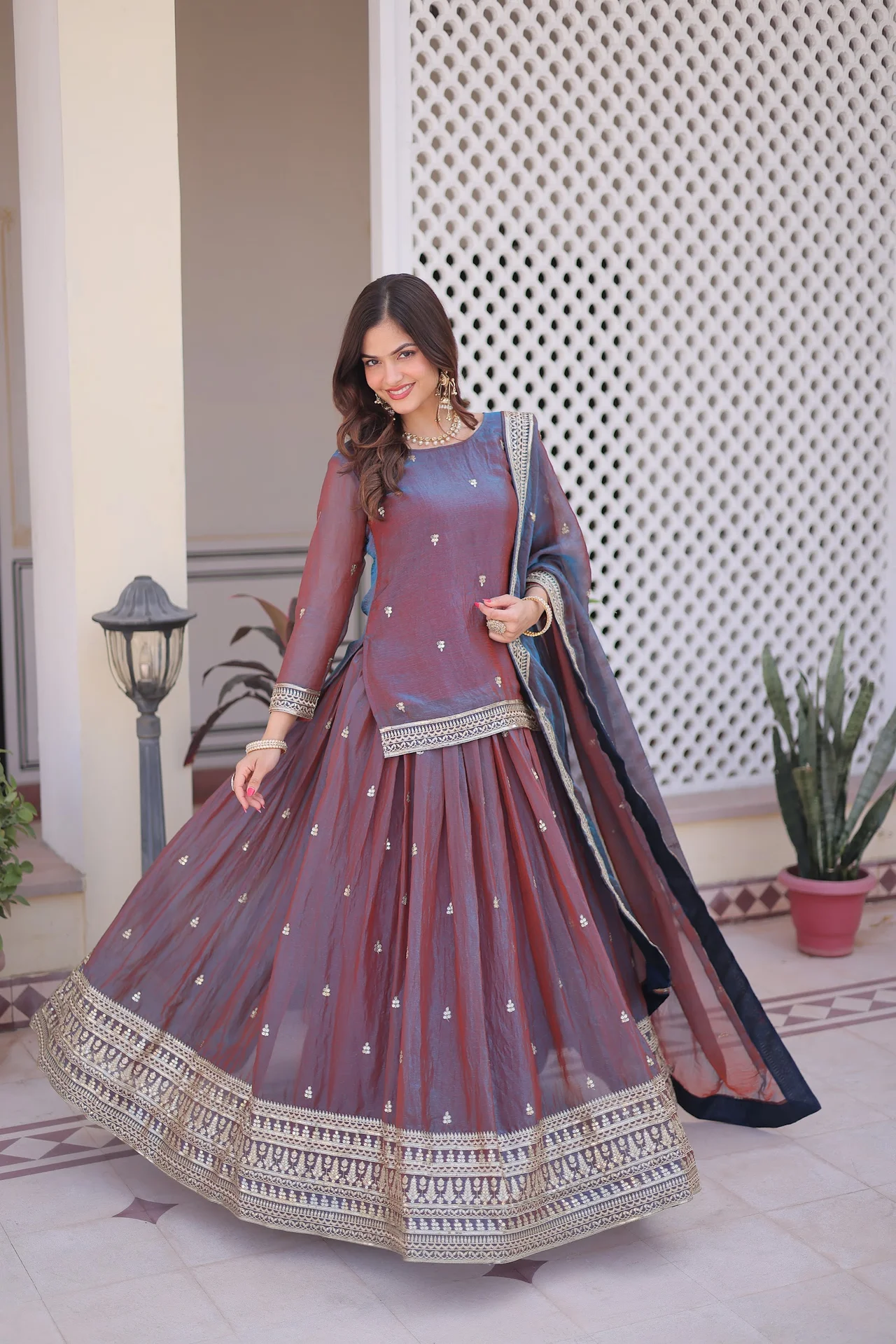 Women's Fendi Chiffon Readymade Lehenga Choli with Dupatta in Plum — photo 8 of 8