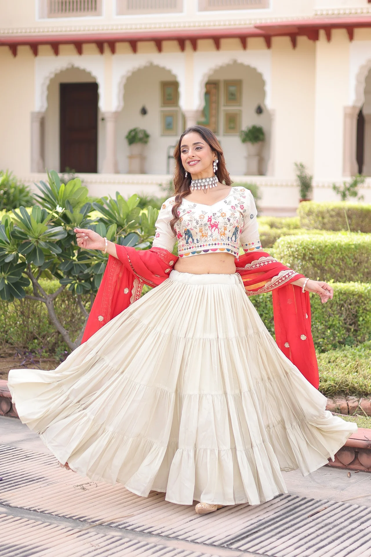 Women's Cosmos Silk Lehenga Choli with Embroidered Blouse Piece & Dupatta in Cream — photo 2 of 8