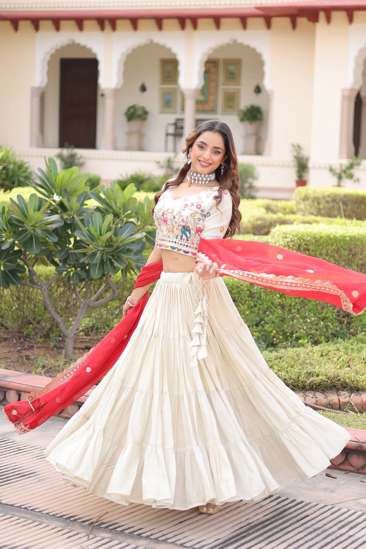 Women's Cosmos Silk Lehenga Choli with Embroidered Blouse Piece & Dupatta in Cream — photo 3 of 8