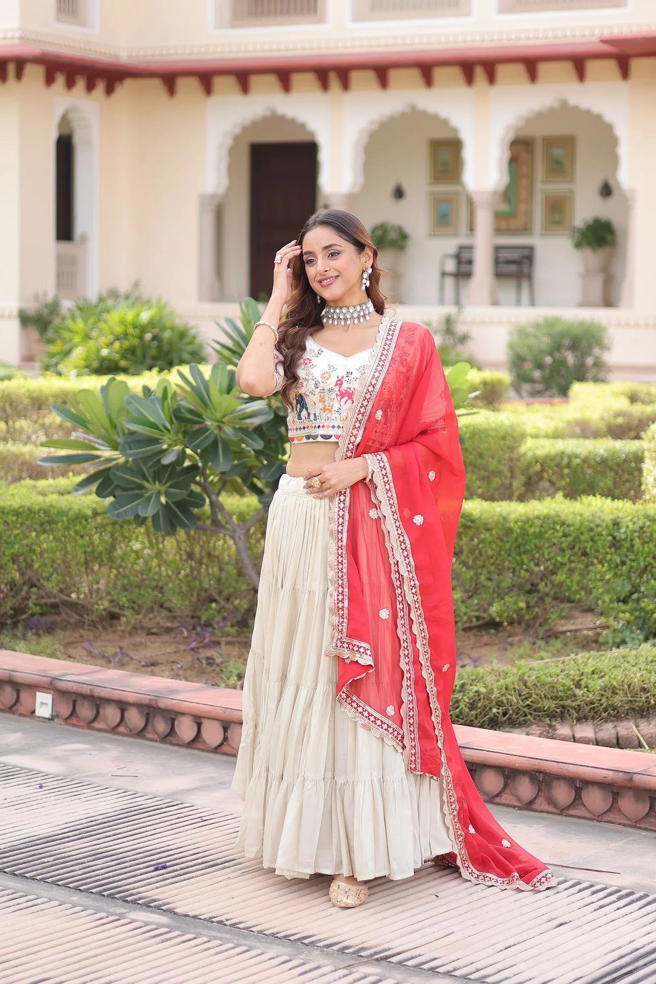 Women's Cosmos Silk Lehenga Choli with Embroidered Blouse Piece & Dupatta in Cream — photo 4 of 8