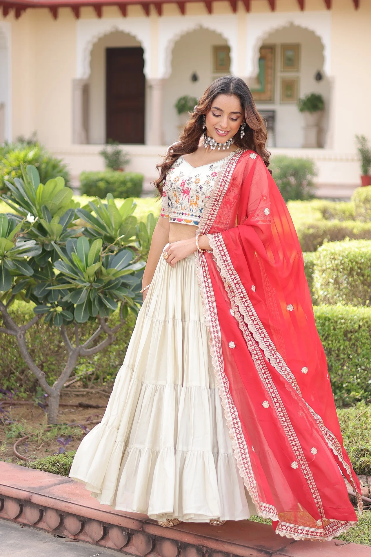 Women's Cosmos Silk Lehenga Choli with Embroidered Blouse Piece & Dupatta in Cream — photo 6 of 8