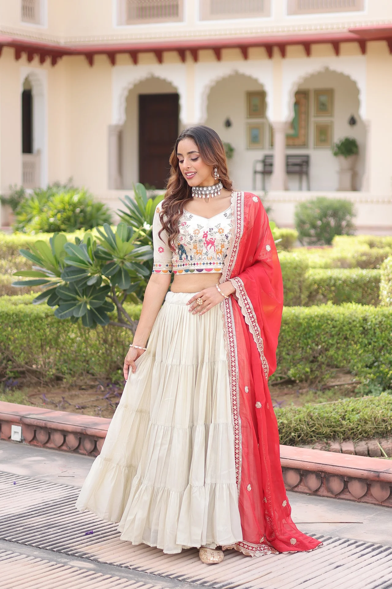 Women's Cosmos Silk Lehenga Choli with Embroidered Blouse Piece & Dupatta in Cream — photo 7 of 8