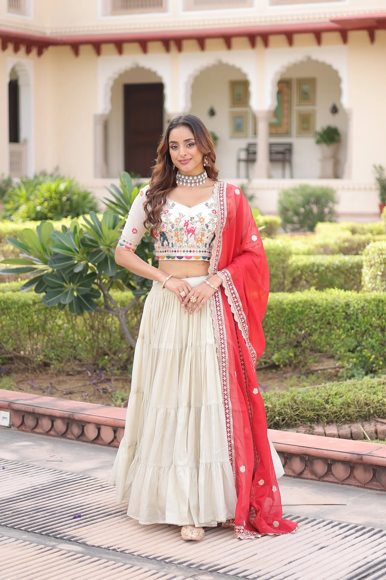 Women's Cosmos Silk Lehenga Choli with Embroidered Blouse Piece & Dupatta in Cream — photo 8 of 8