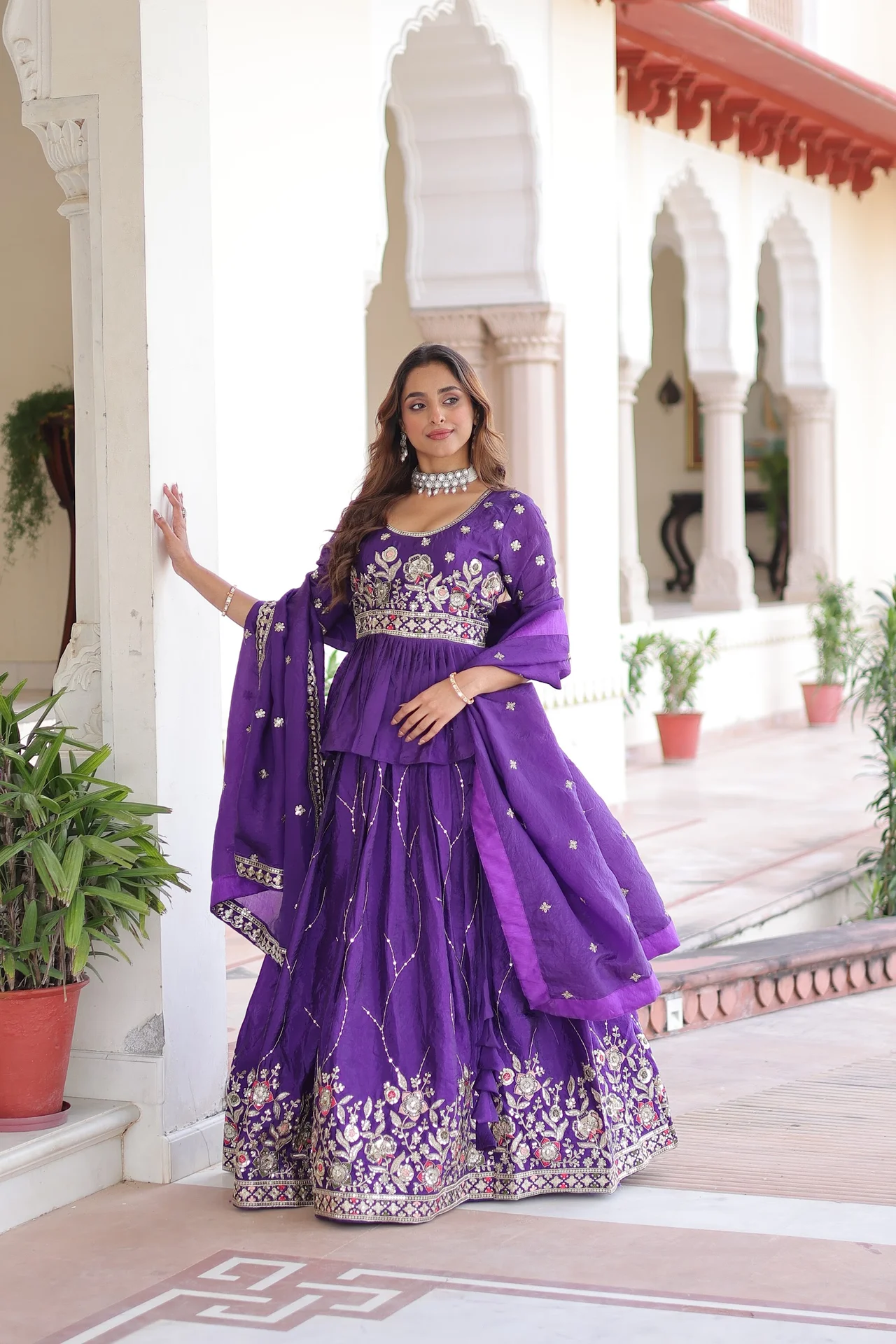 Women's Crush Fabric Lehenga Choli Set with Peplum Top & Dupatta in Purple — photo 2 of 7