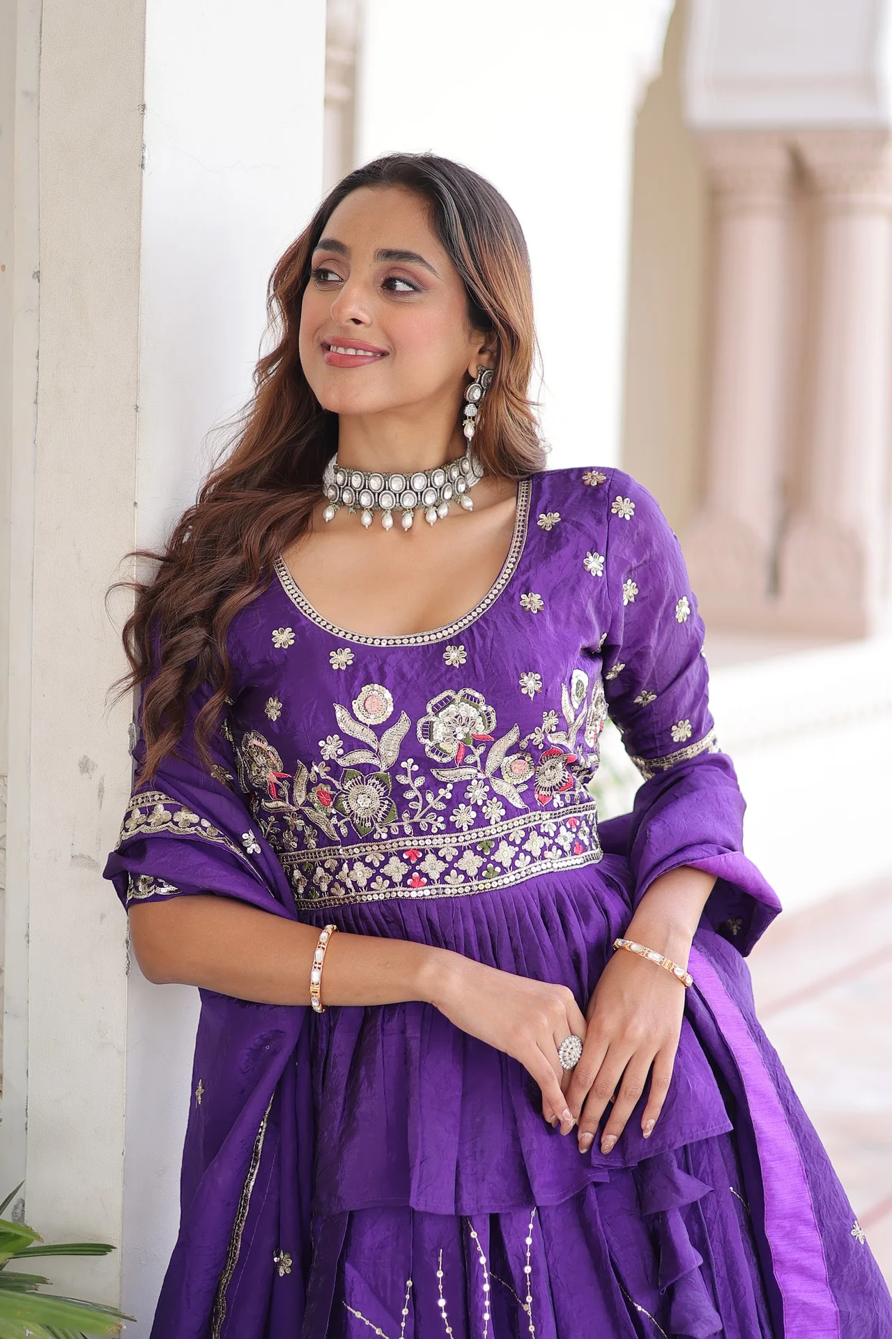 Women's Crush Fabric Lehenga Choli Set with Peplum Top & Dupatta in Purple — photo 3 of 7