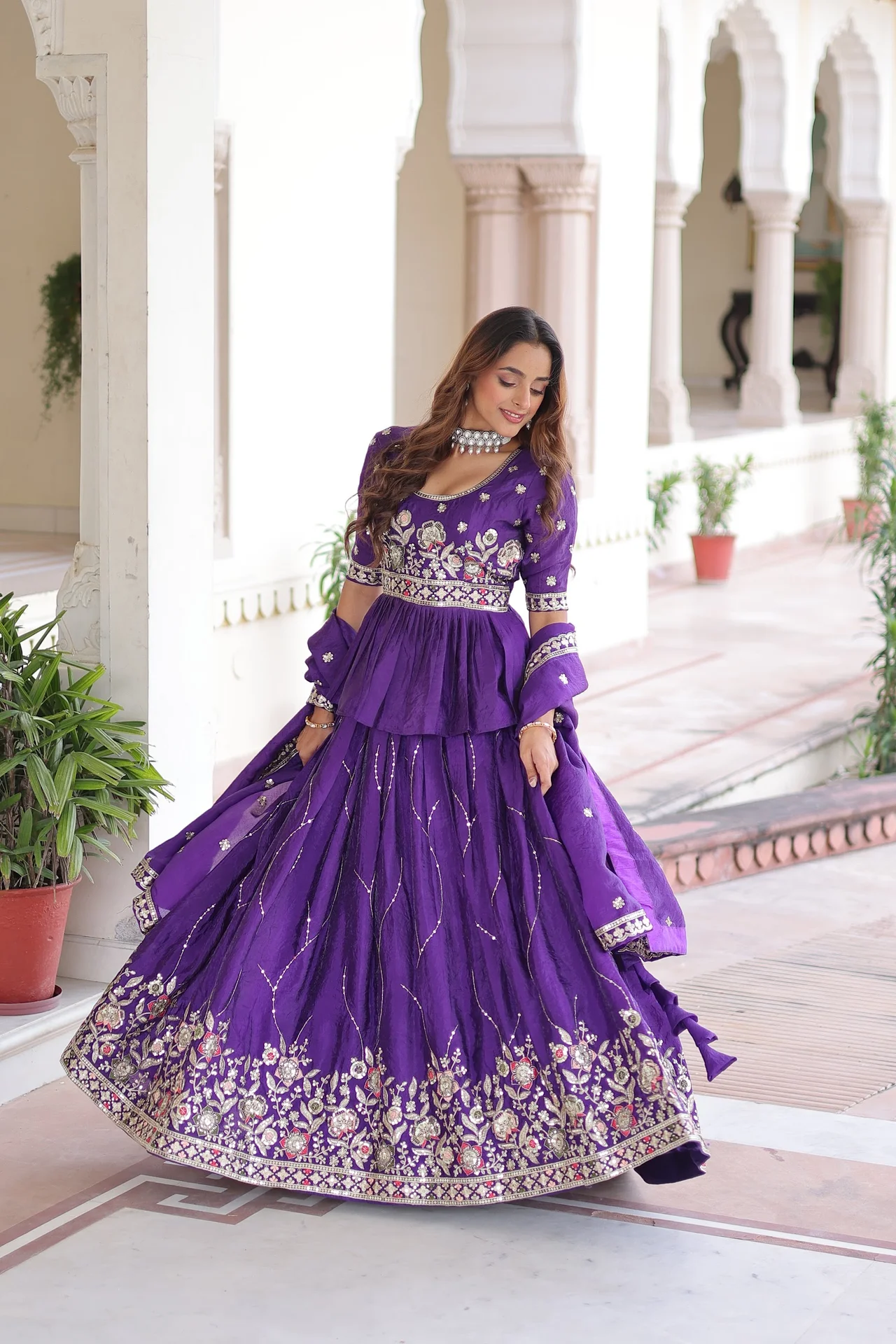 Women's Crush Fabric Lehenga Choli Set with Peplum Top & Dupatta in Purple — photo 4 of 7