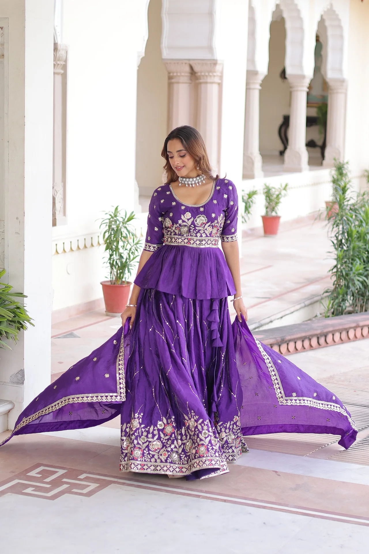 Women's Crush Fabric Lehenga Choli Set with Peplum Top & Dupatta in Purple — photo 5 of 7