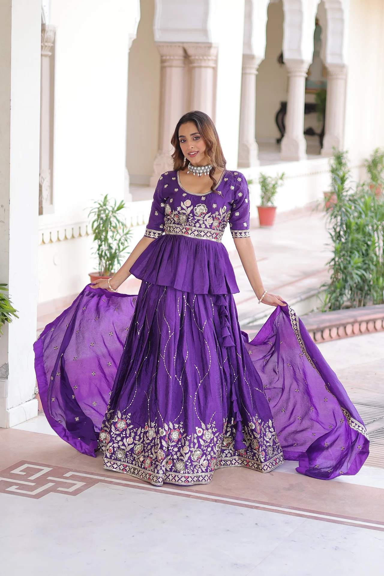 Women's Crush Fabric Lehenga Choli Set with Peplum Top & Dupatta in Purple — photo 6 of 7