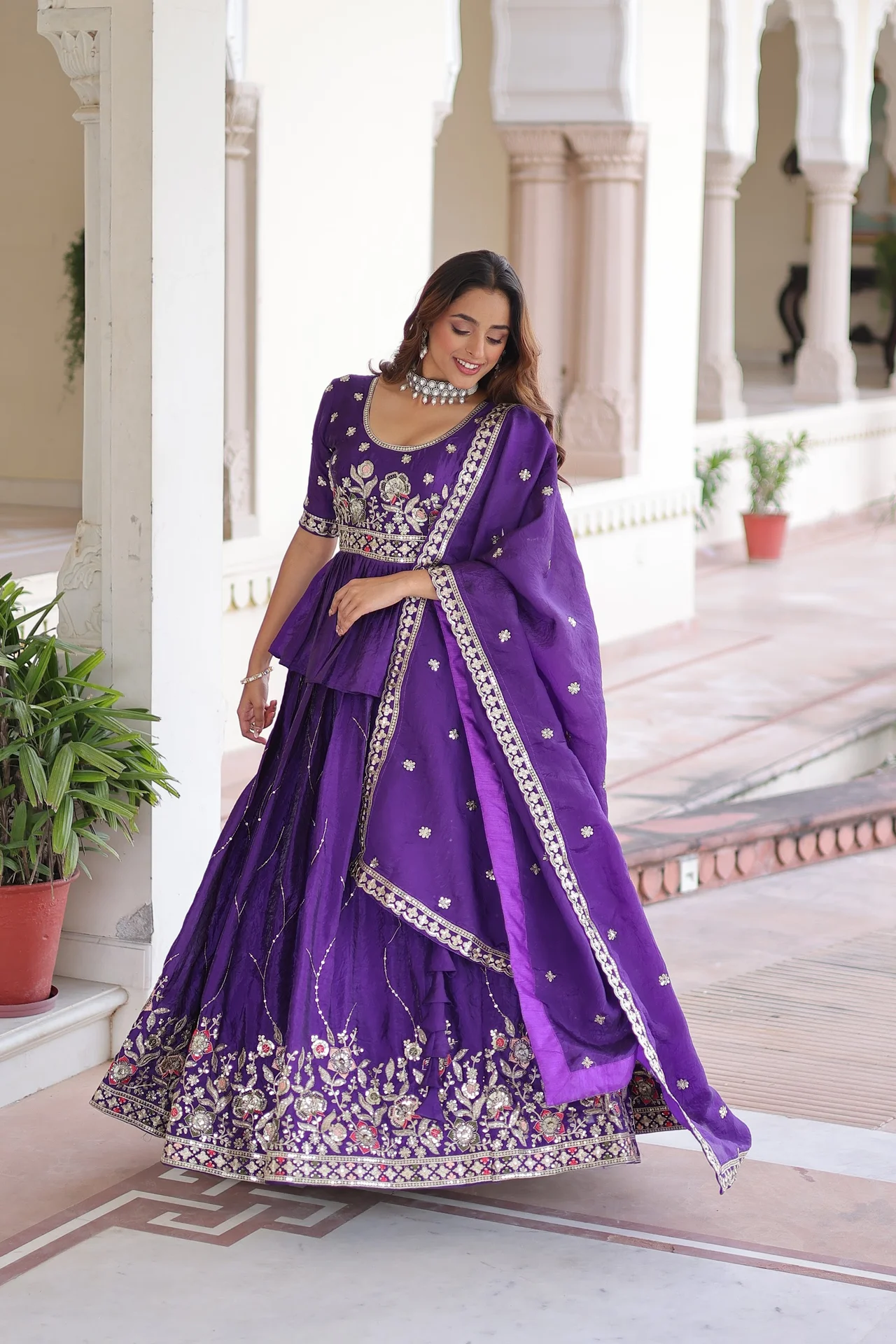 Women's Crush Fabric Lehenga Choli Set with Peplum Top & Dupatta in Purple — photo 7 of 7