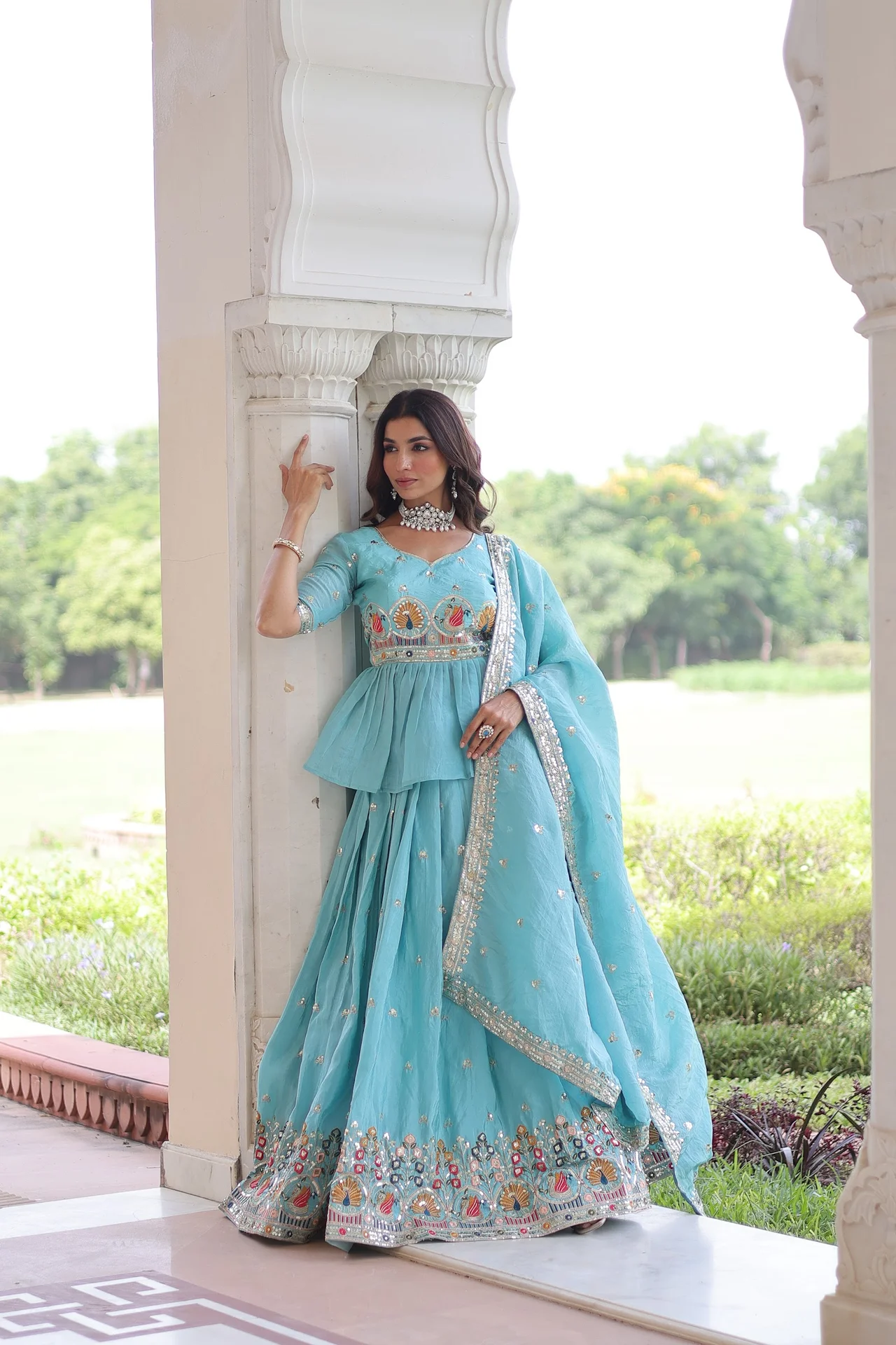 Women's Crush Fabric Lehenga Choli Set with Peplum Blouse & Dupatta in Sky Blue — photo 2 of 8
